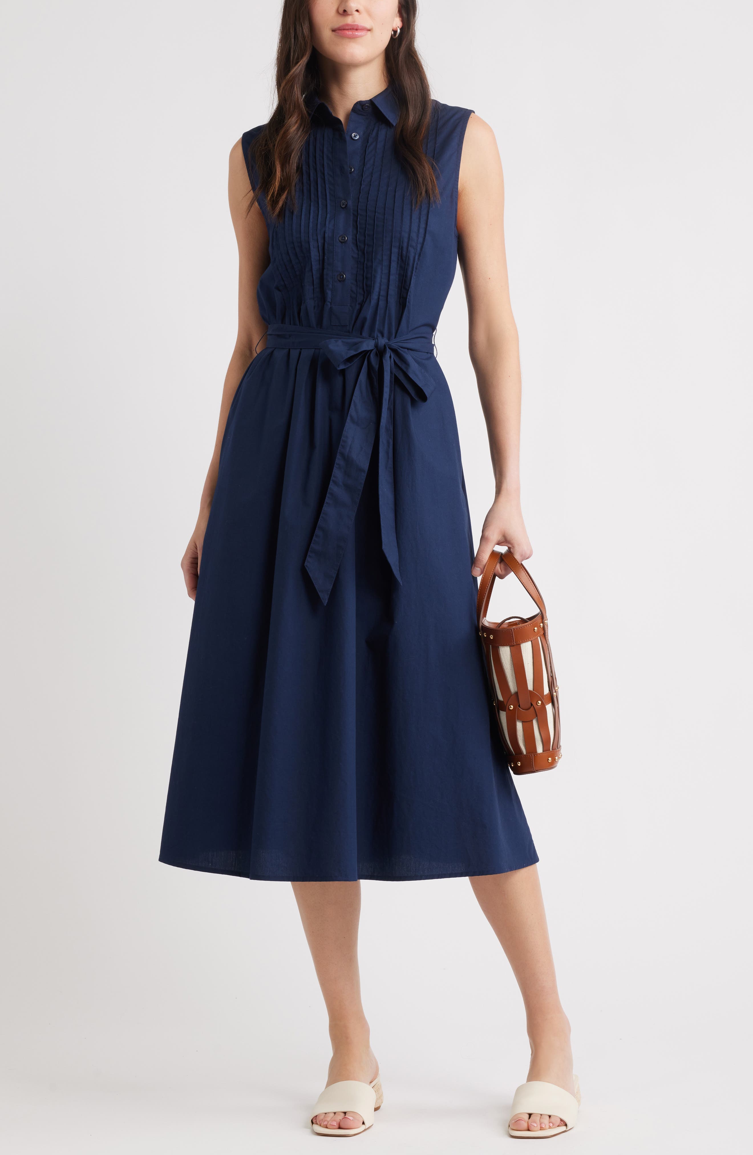 Pintuck Sleeveless Cotton Poplin Shirtdress - image 4