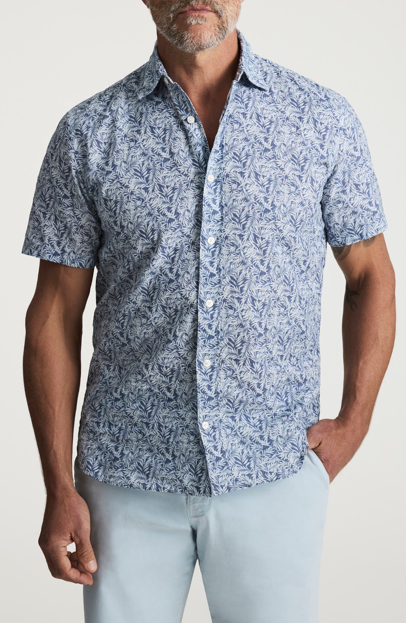 Palm Print Short Sleeve Cotton & Linen Button-Up Shirt - image 1
