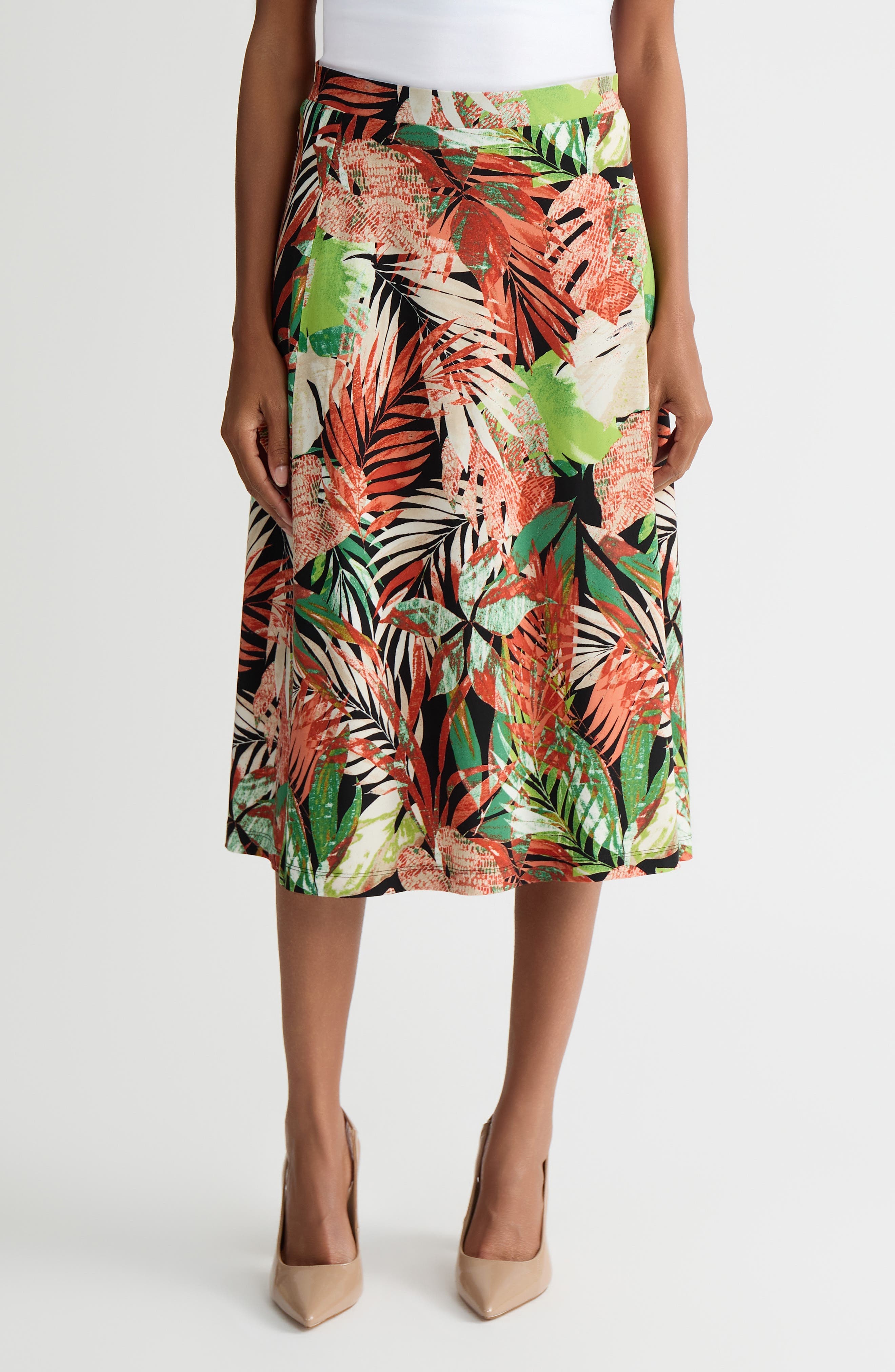 Tropical Print Pull-On Midi Skirt - image 1