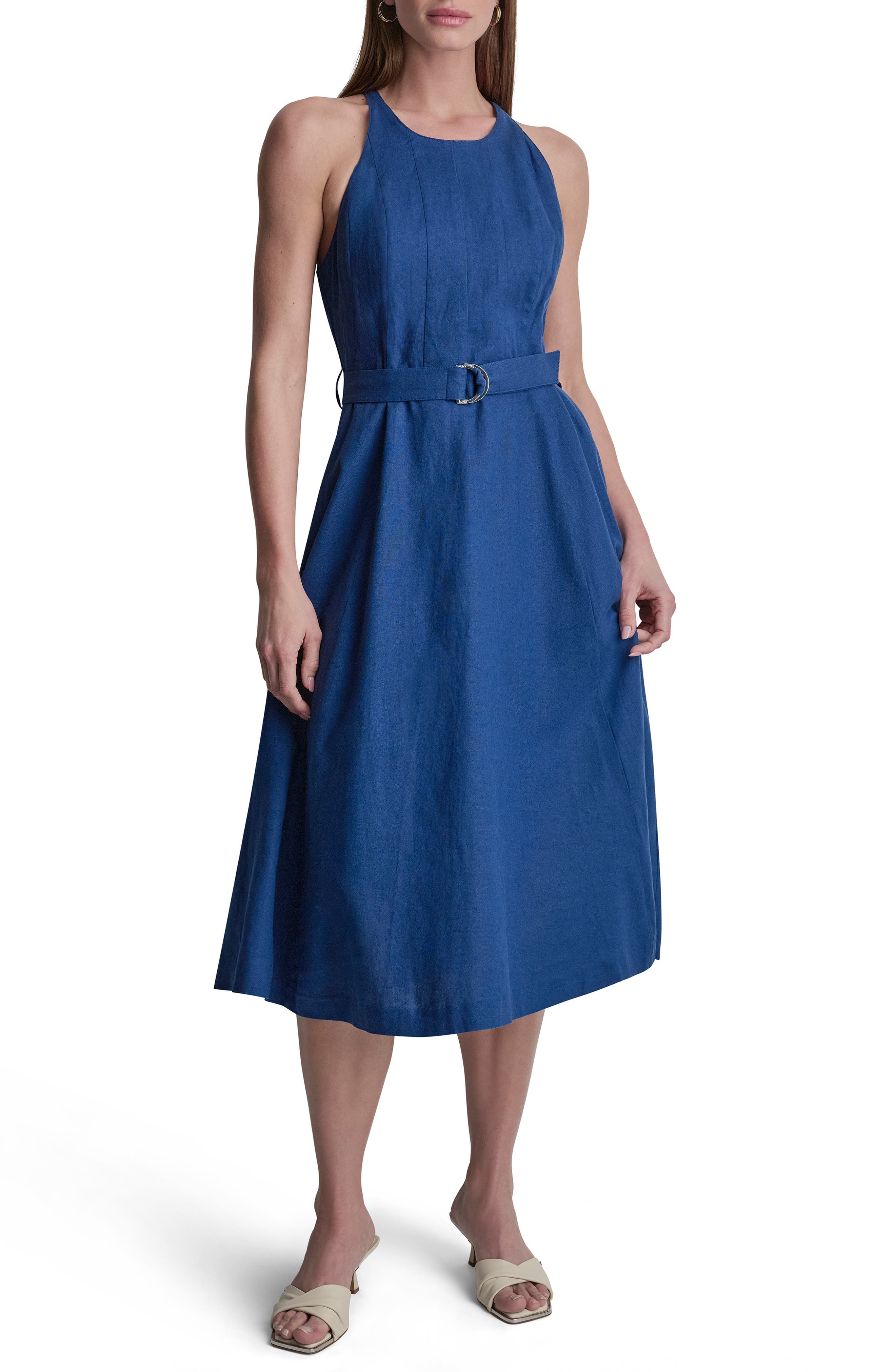 Belted Linen Blend Midi Dress - image 1