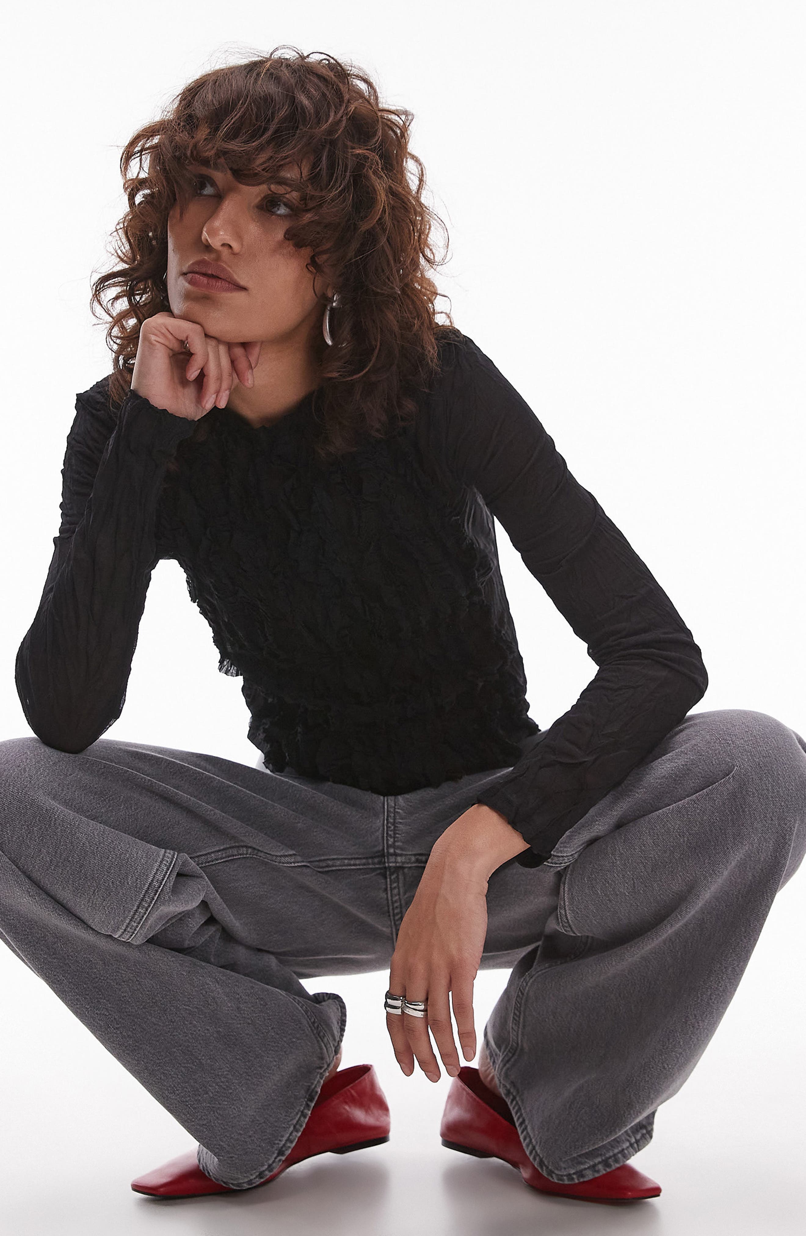 Ruffle Trim Long Sleeve Semisheer Top - image 1