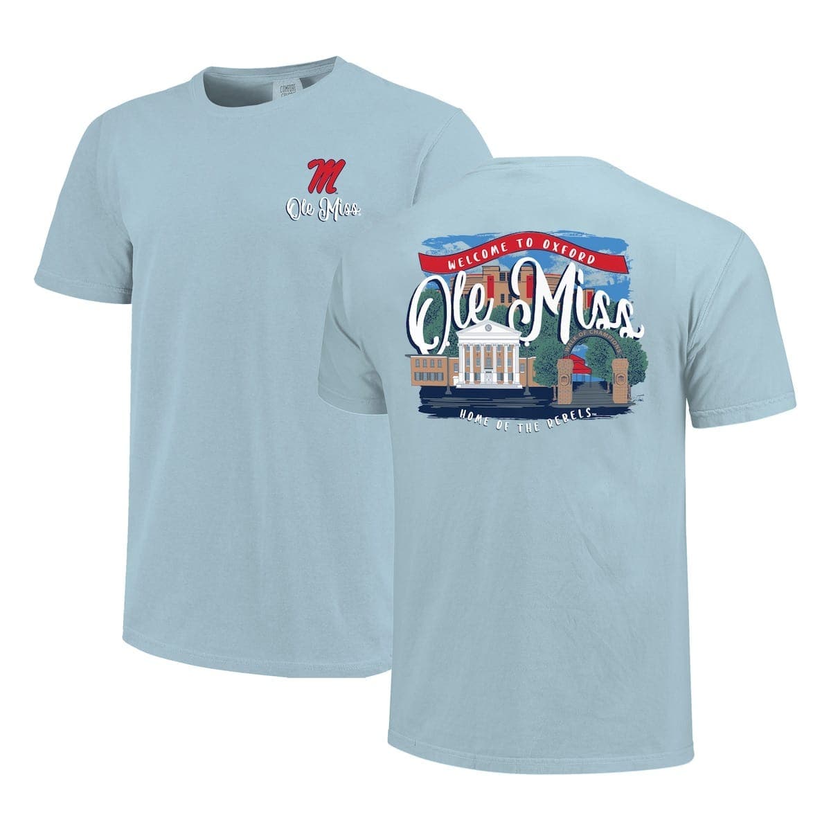 Women's Blue Ole Miss Rebels Comfort Colors Campus Scene Drawing Script T-Shirt - image 1