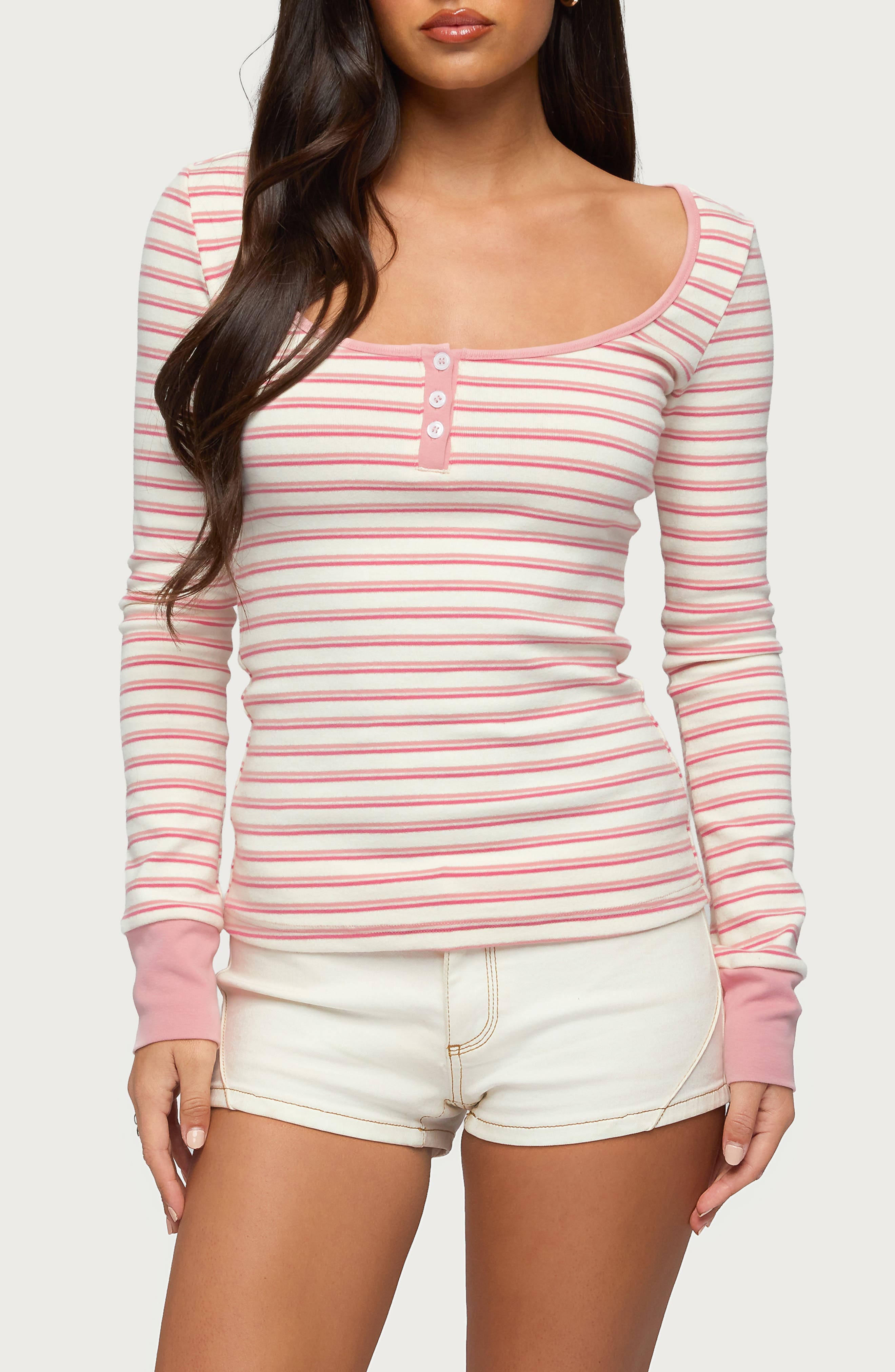 Jaida Stripe Stretch Cotton Henley Top - image 1