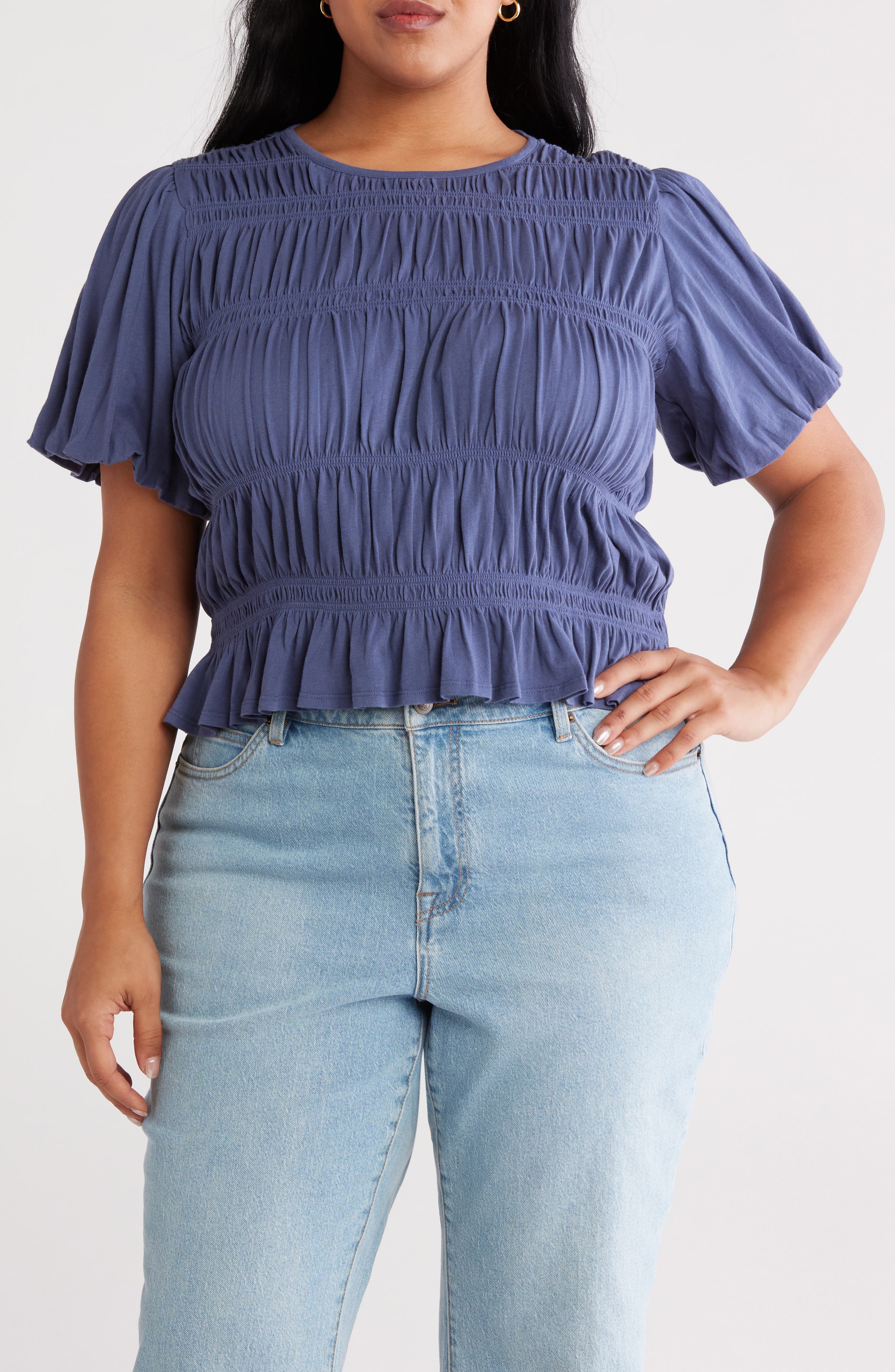 Shirred Puff Sleeve Cotton Top - image 1