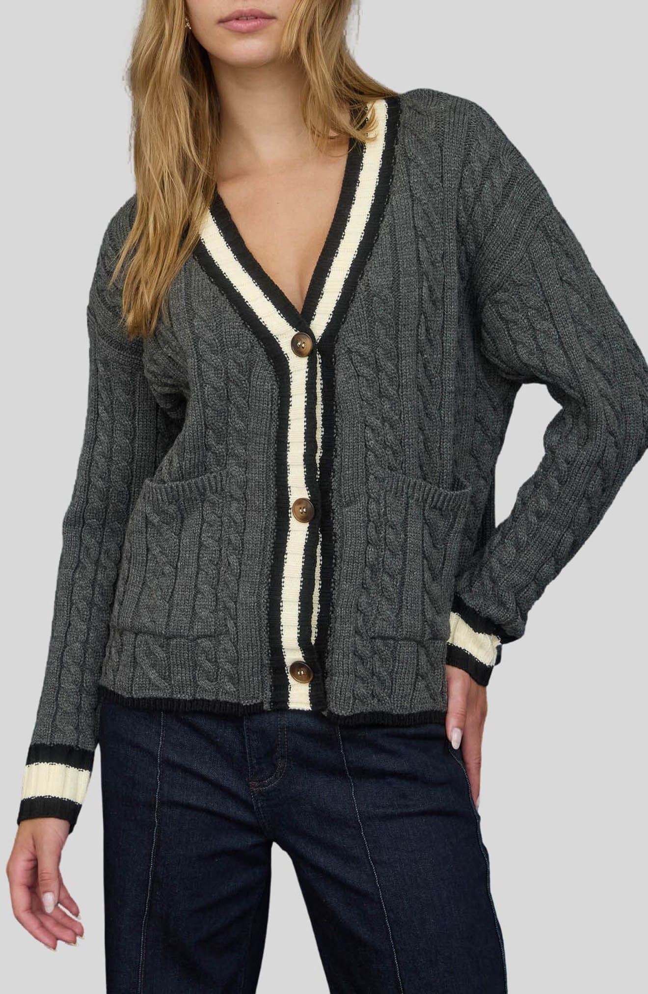 Stripe Trim Cable Stitch Cardigan - image 1