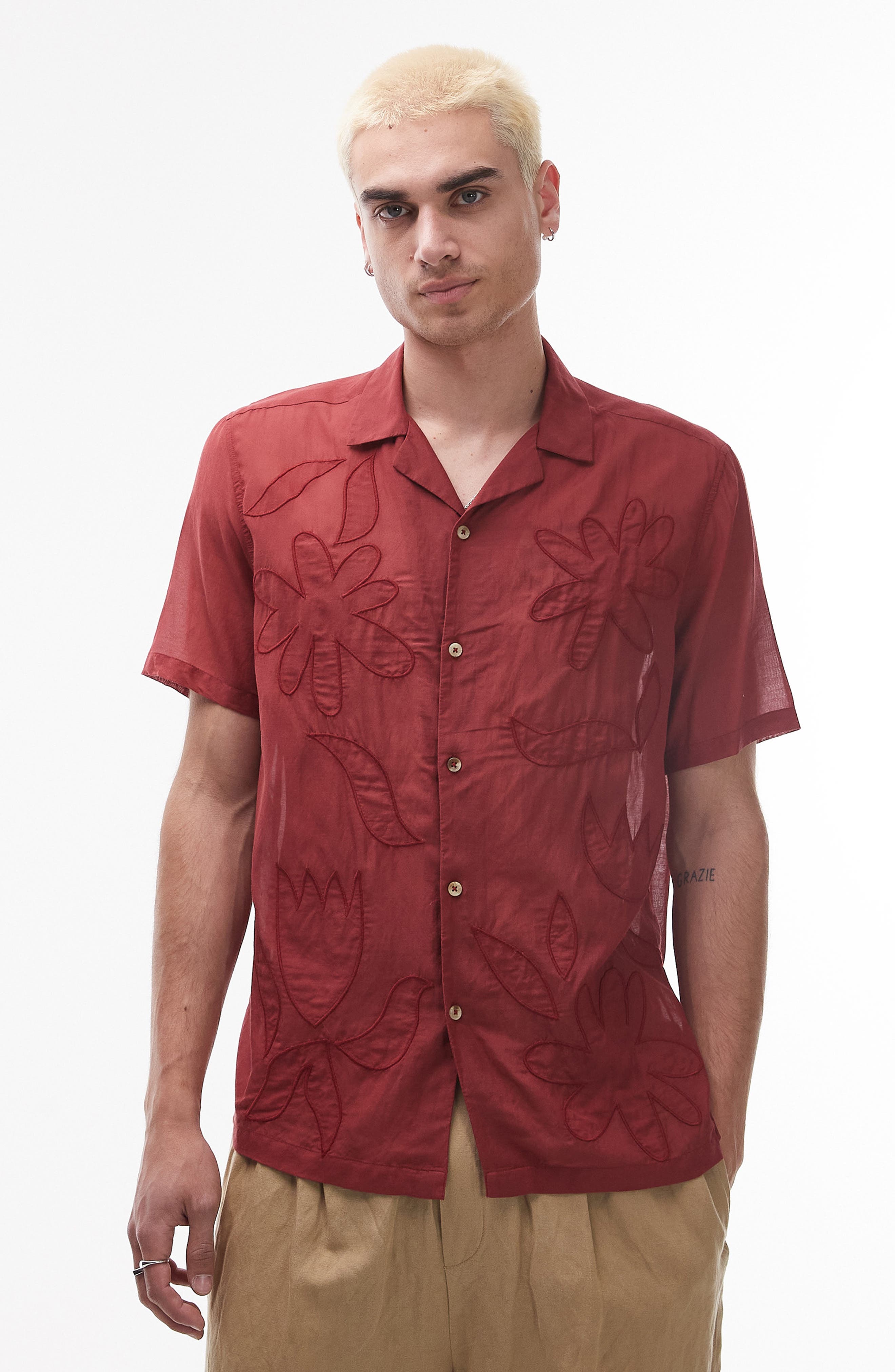Sheer Embroidered Camp Shirt - image 1