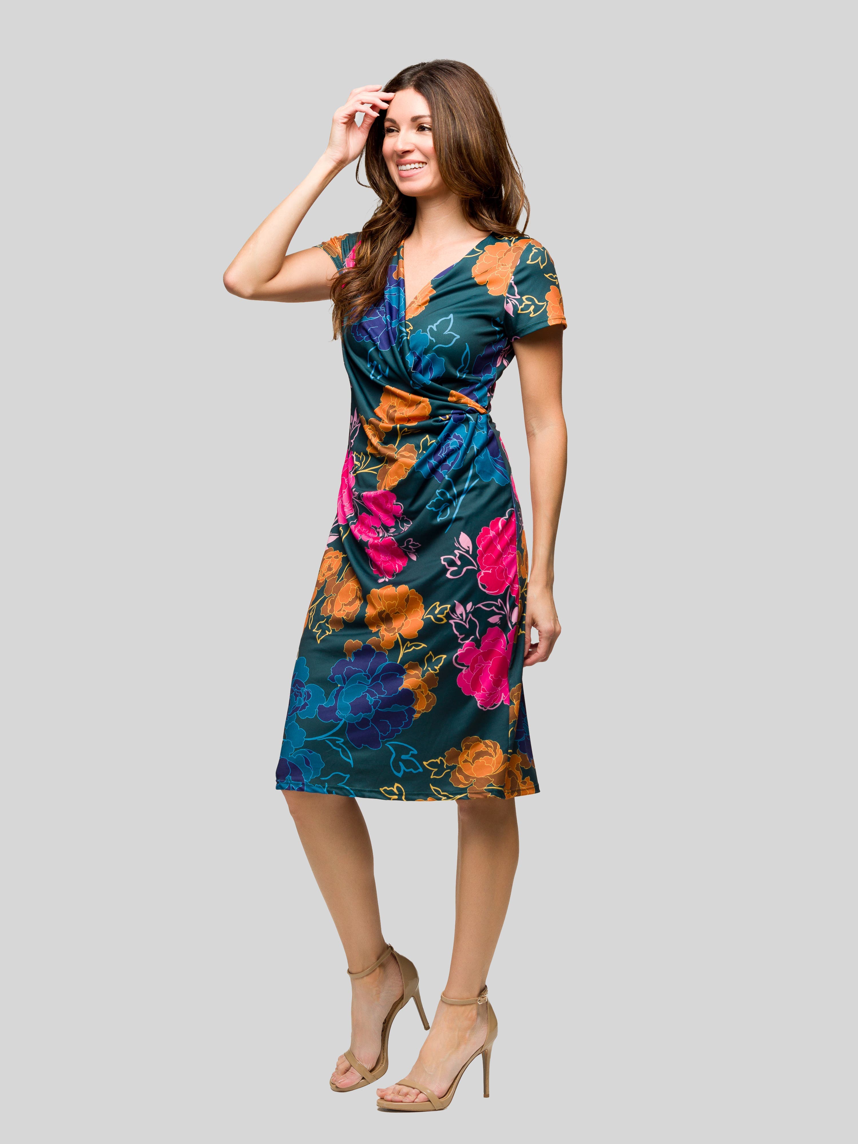 Blue Floral Knee Length Short Sleeve Faux Wrap Dress - image 2