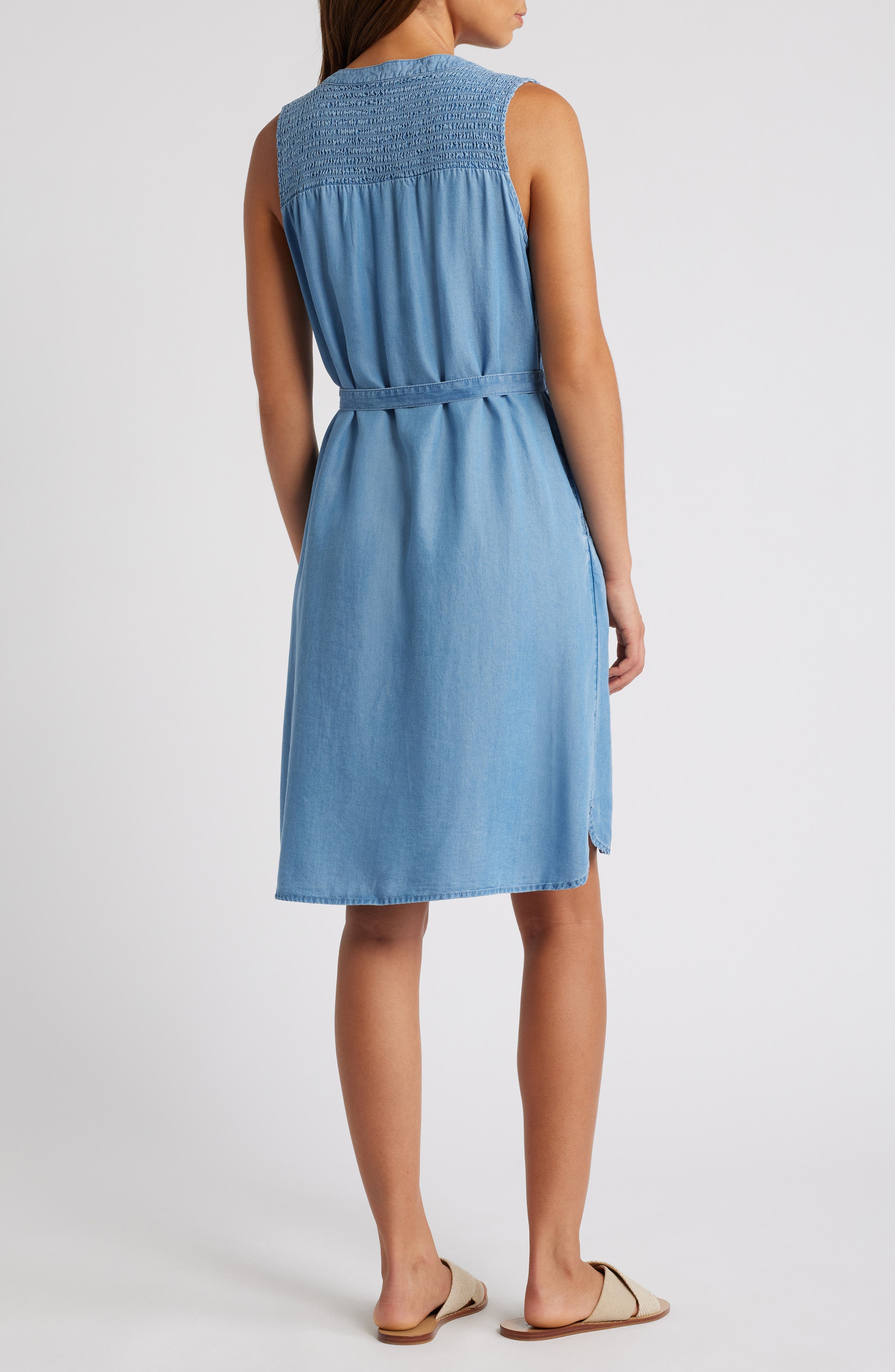 Riri Smocked Yoke Tie Waist Sleeveless Chambray Dress - image 2