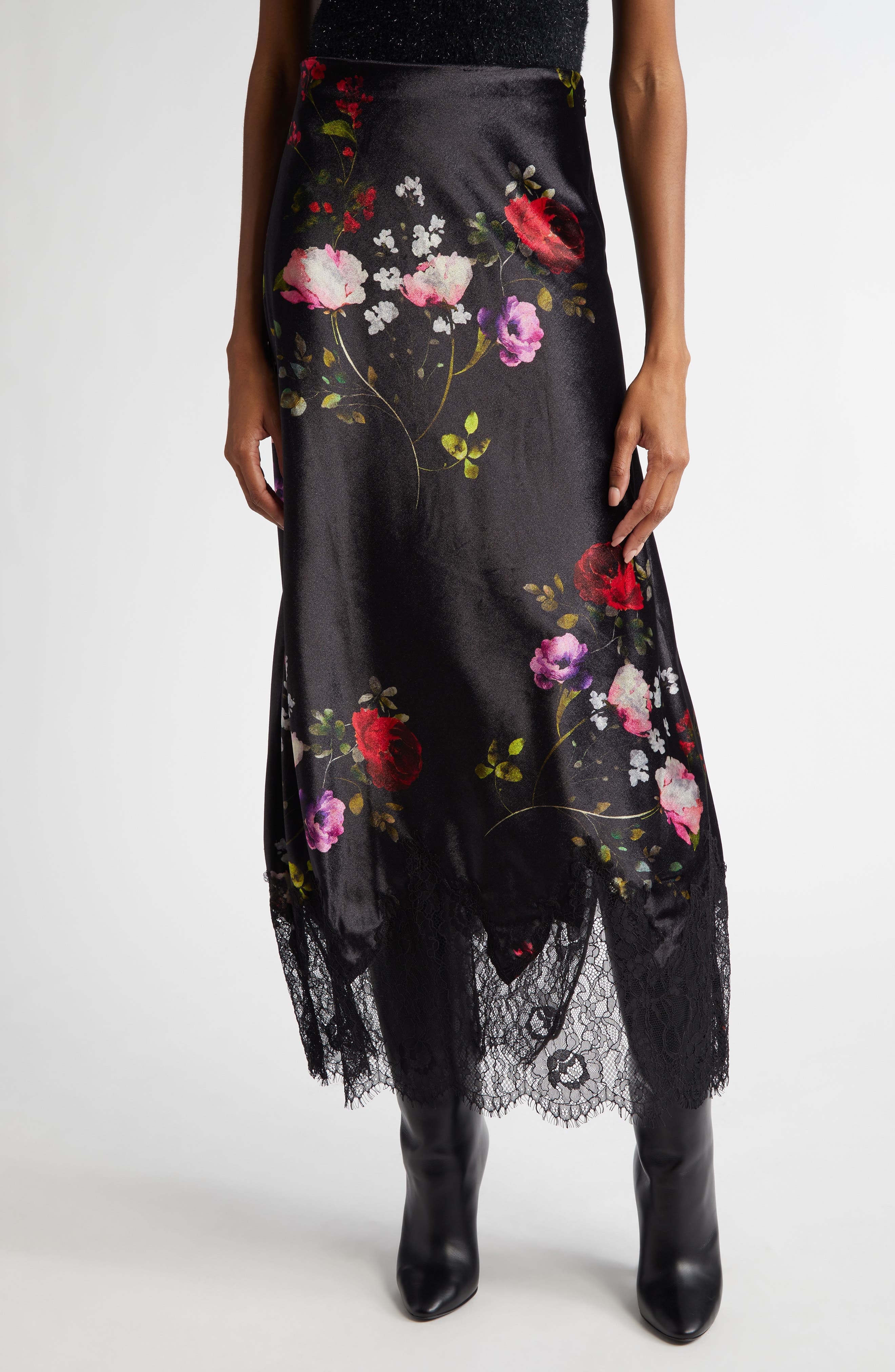 Mauve Floral Lace Trim Velvet Slip Skirt - image 1