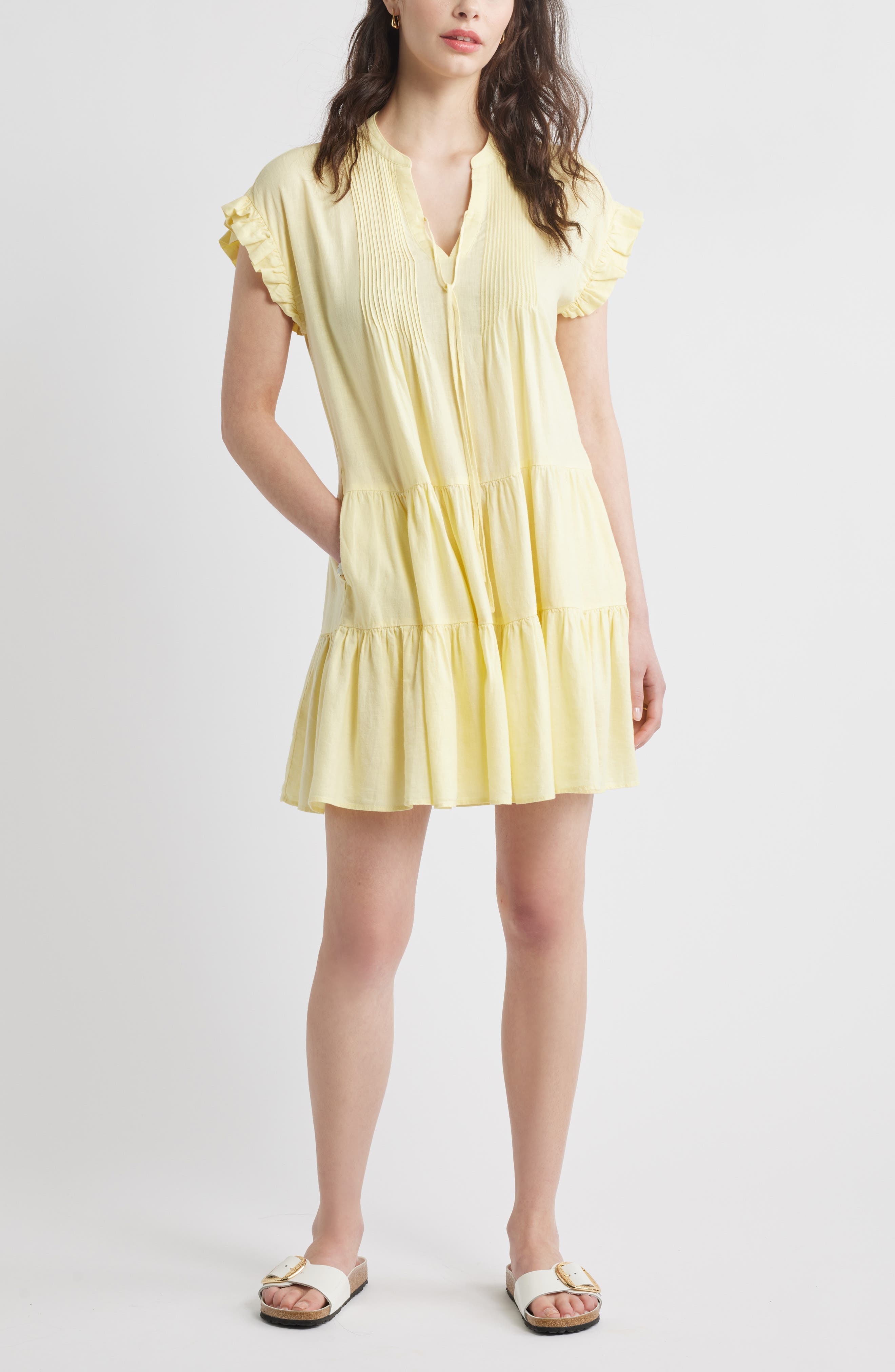 Ruffle Sleeve Linen Blend Tiered Dress - image 1