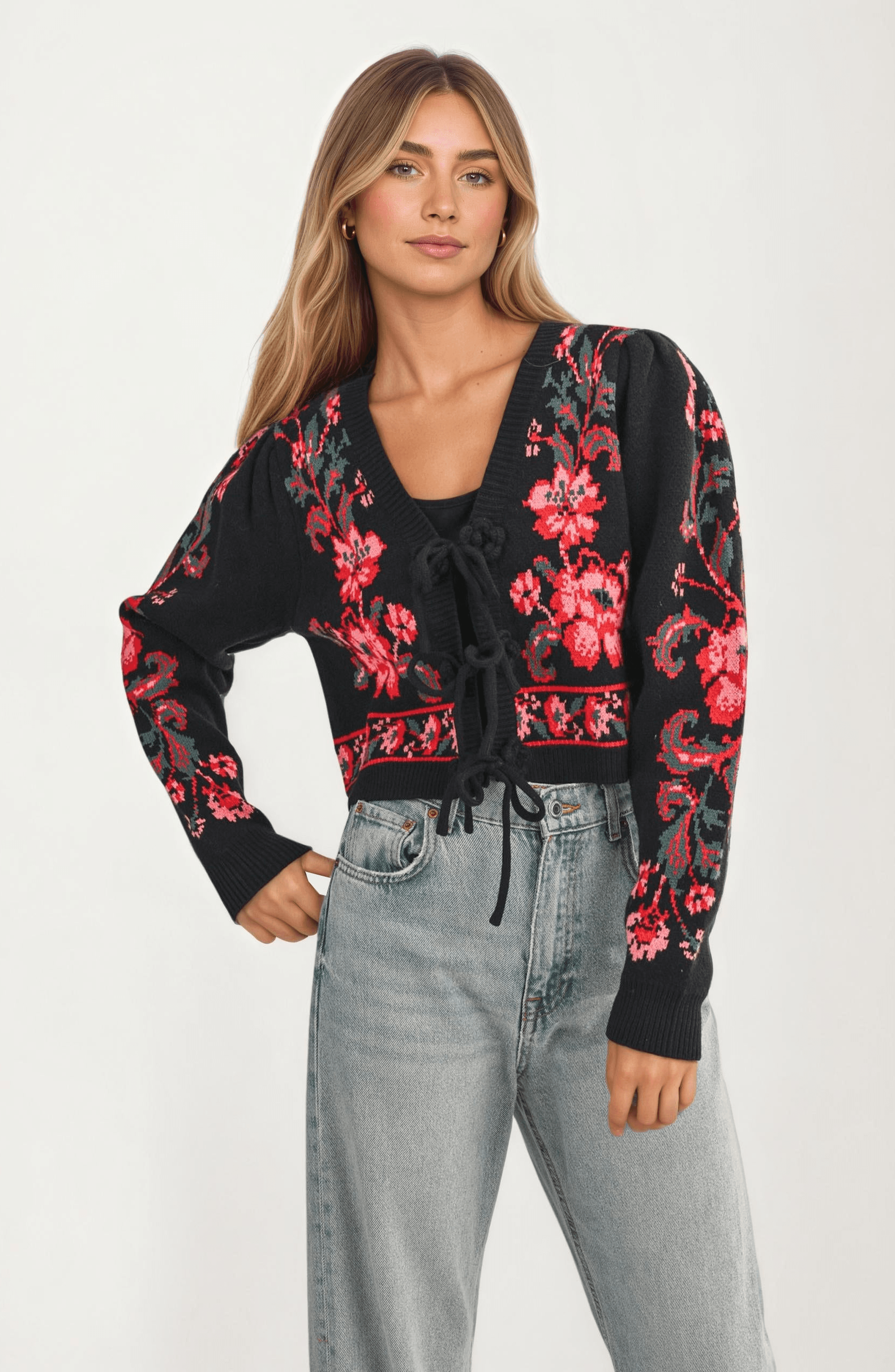 Floral Knit Tie-Front Puff-Sleeve Cardigan - image 1