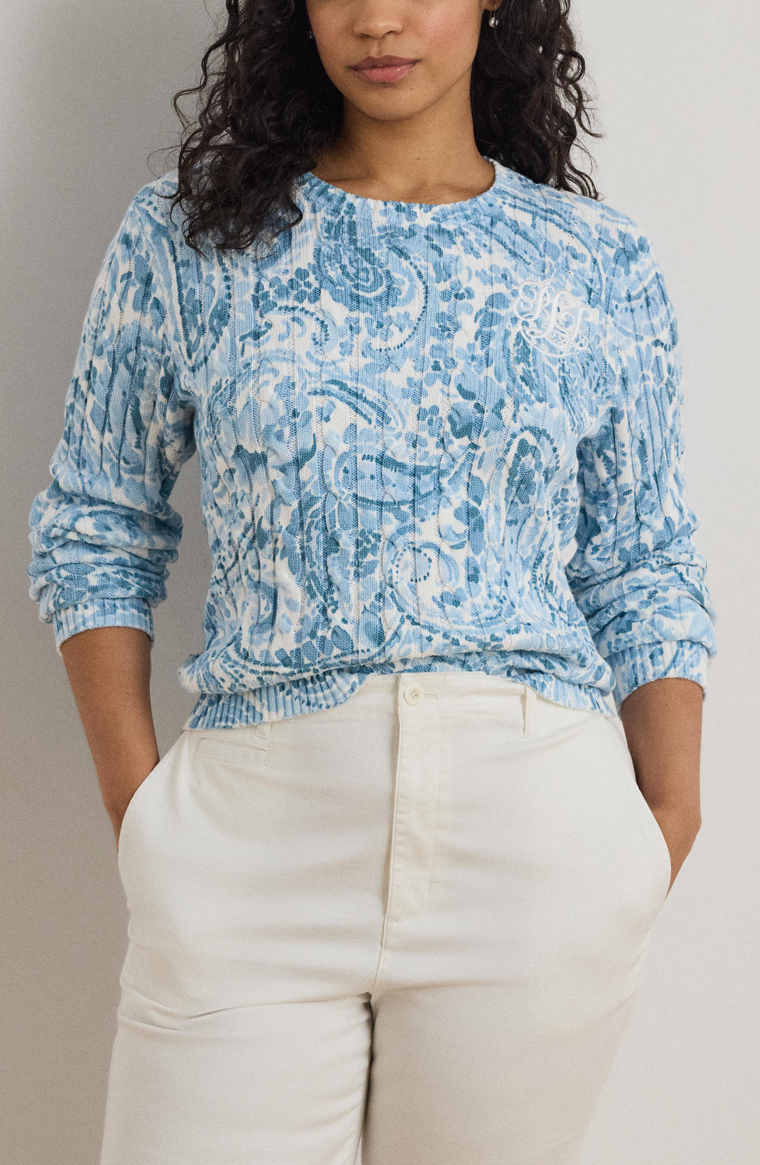 Paisley Cable Stitch Cotton Crewneck Sweater - image 2