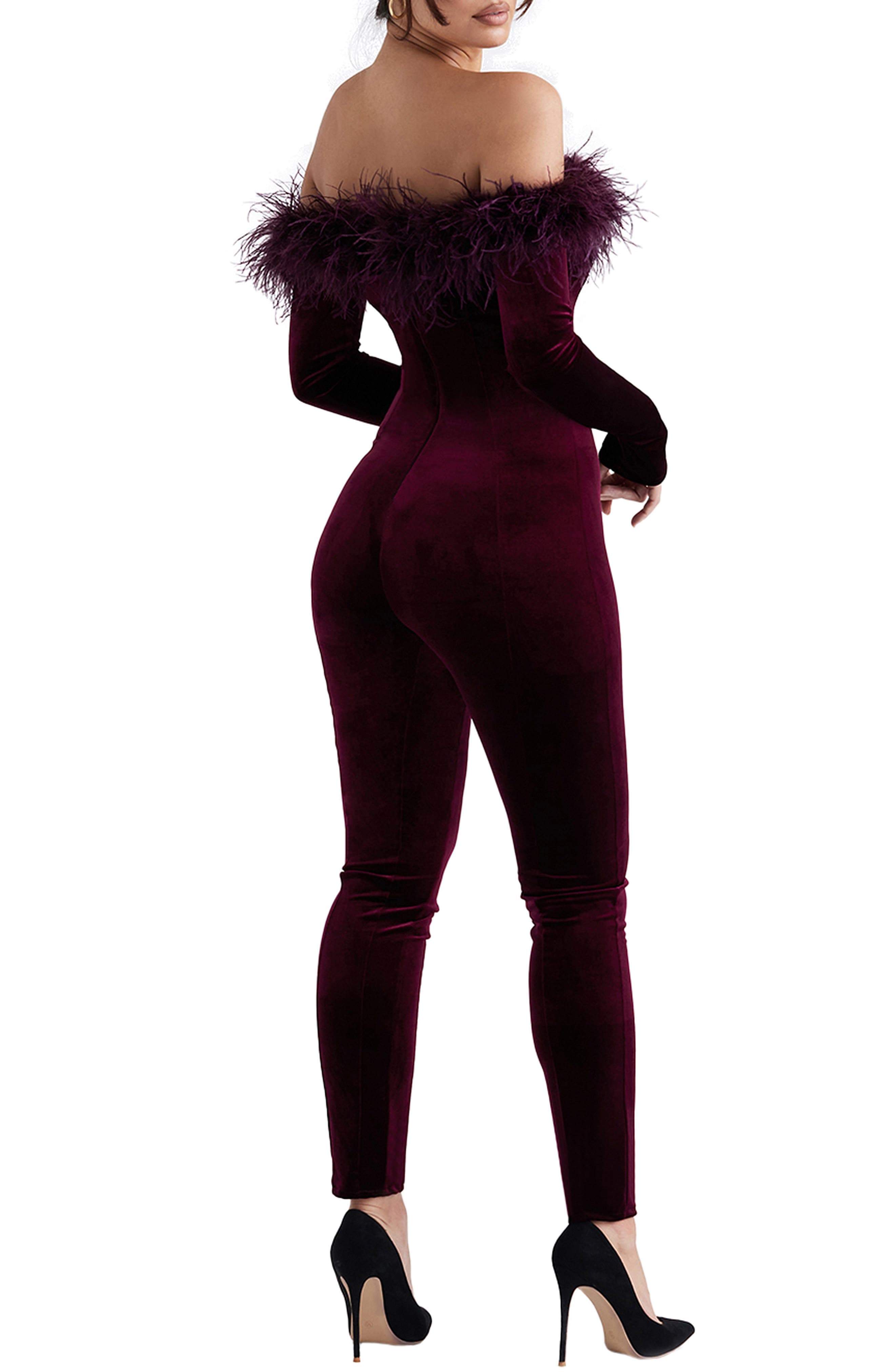 Salima Feather Trim Off the Shoulder Long Sleeve Velvet Jumpsuit - image 2