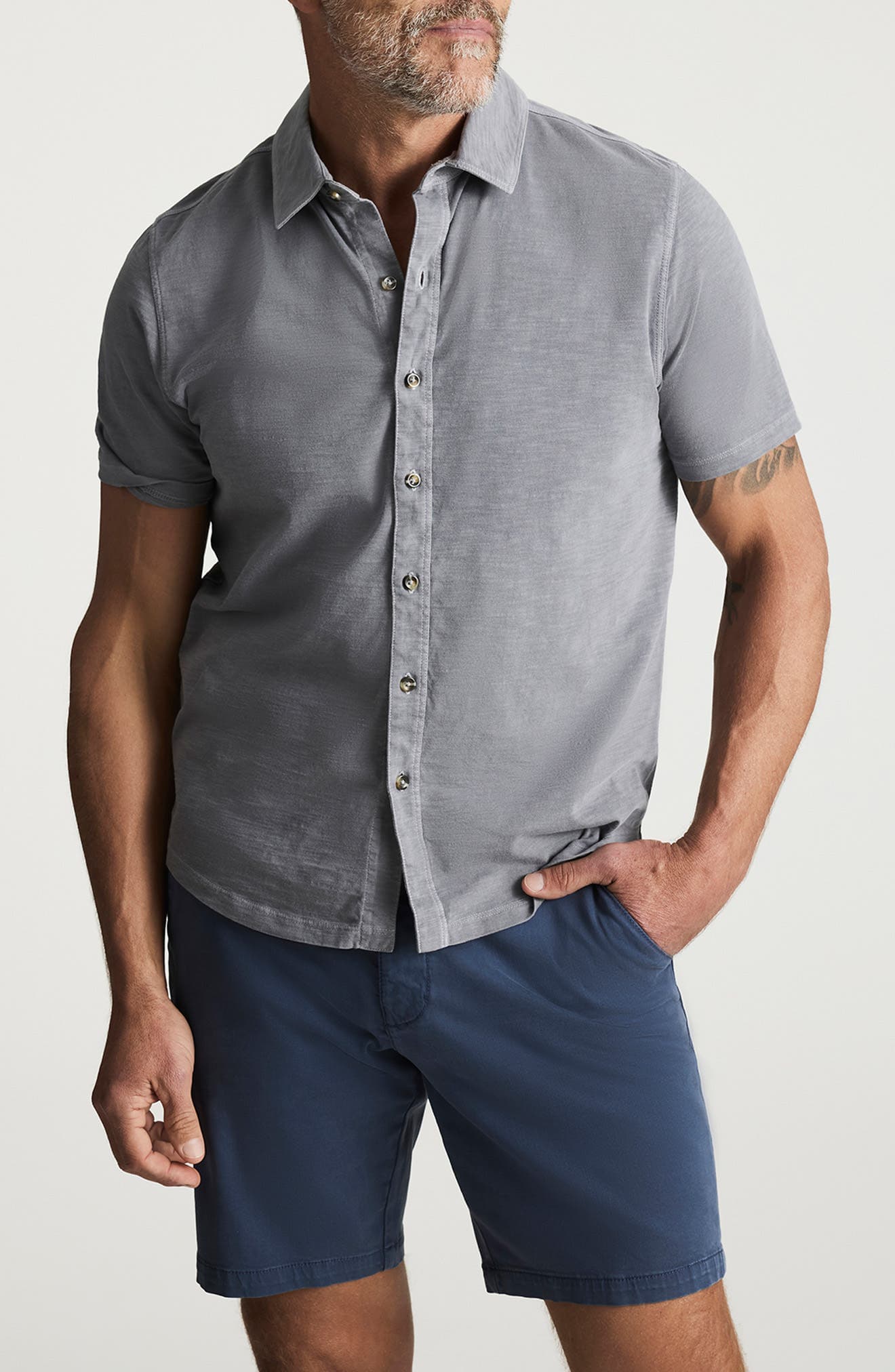 Short Sleeve Slub Cotton Jersey Button-Up Shirt - image 1