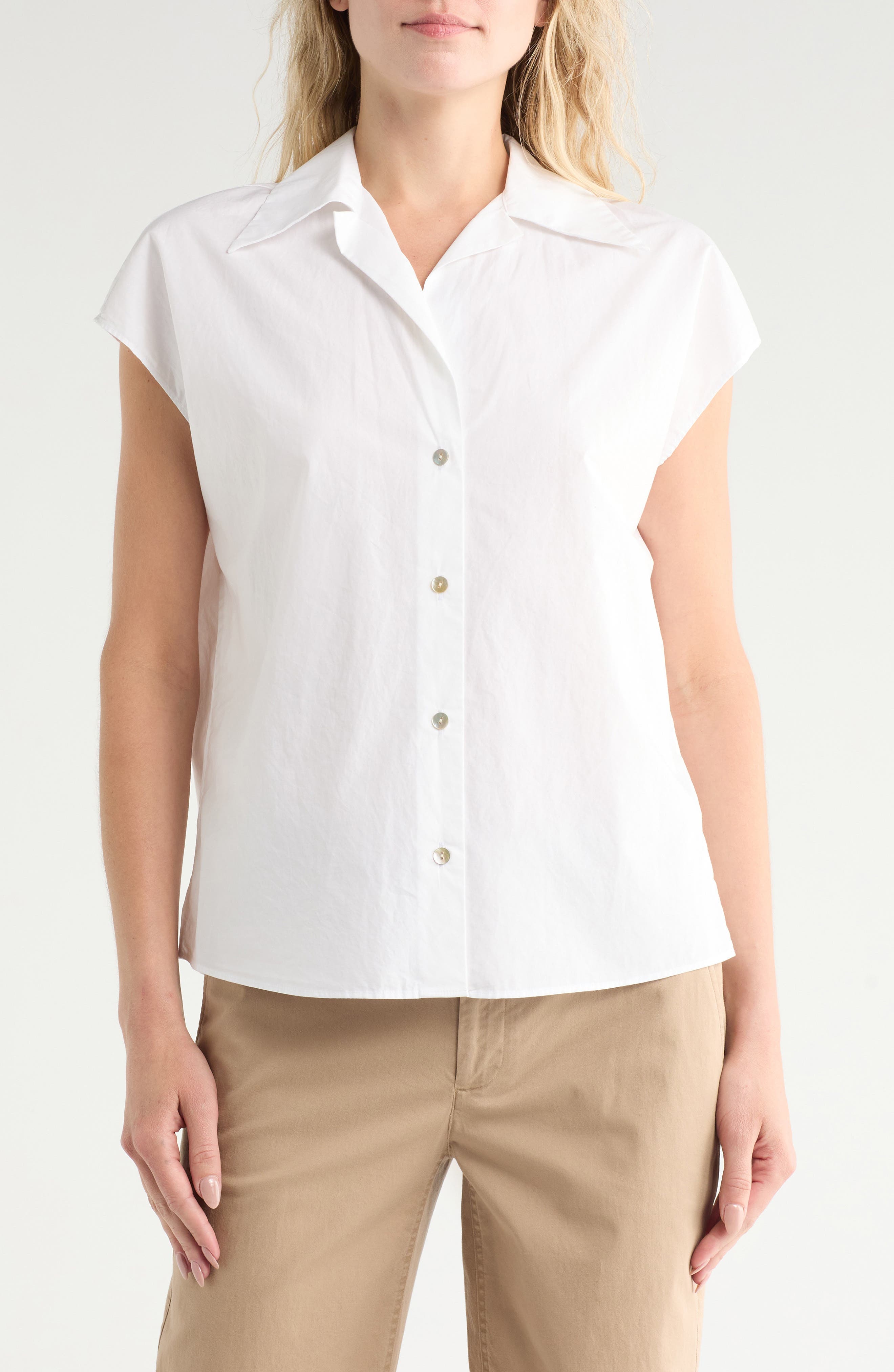 Cap Sleeve Cotton Button-Up Shirt - image 3
