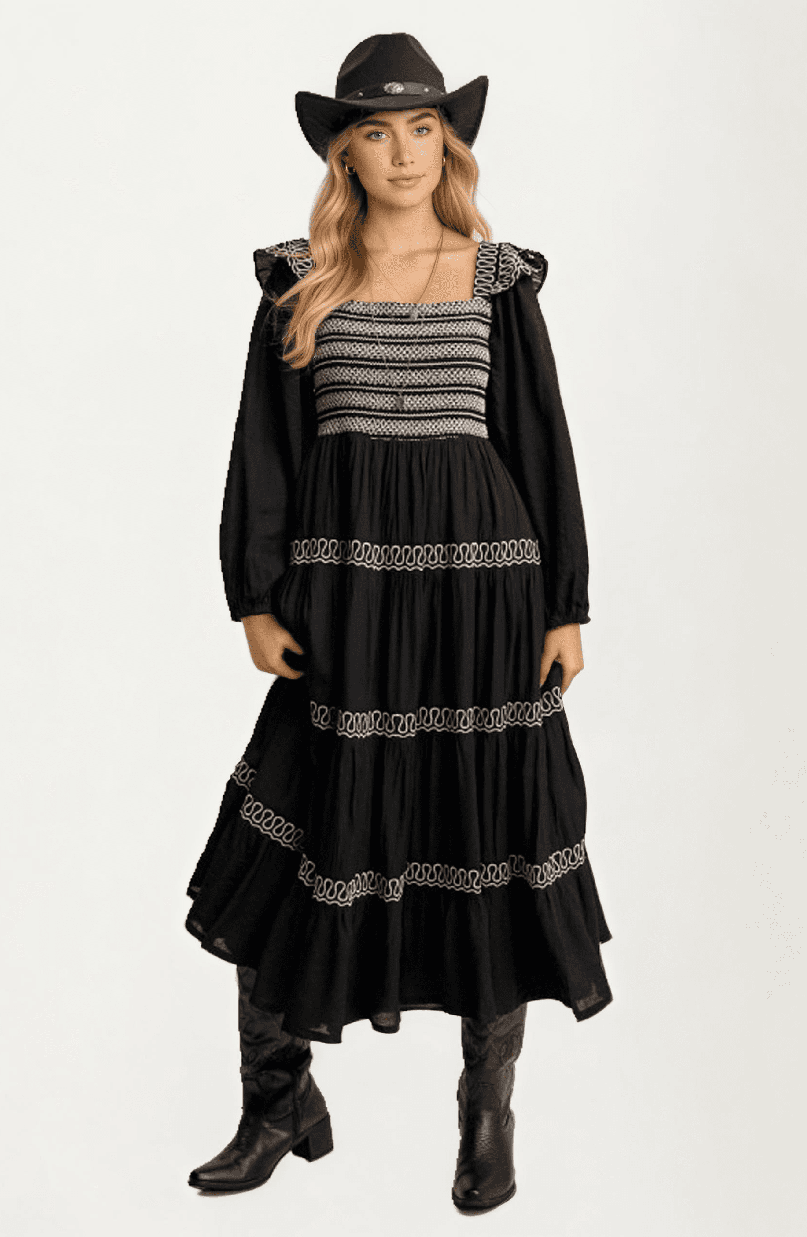 Smocked Bodice Tiered Maxi Dress with Embroidered Trim - image 1