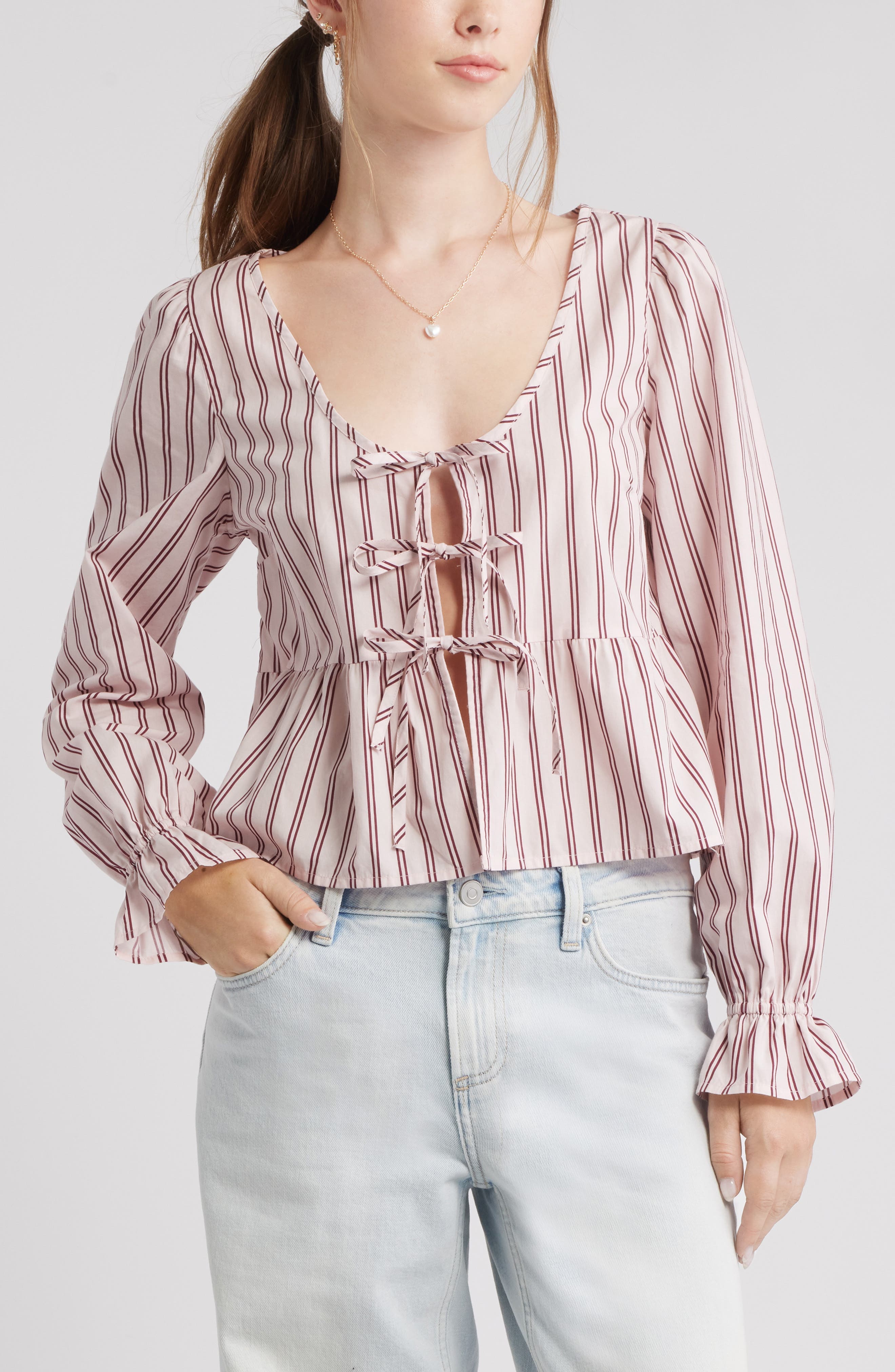Tie Front Scoop Neck Cotton Poplin Peplum Top - image 1