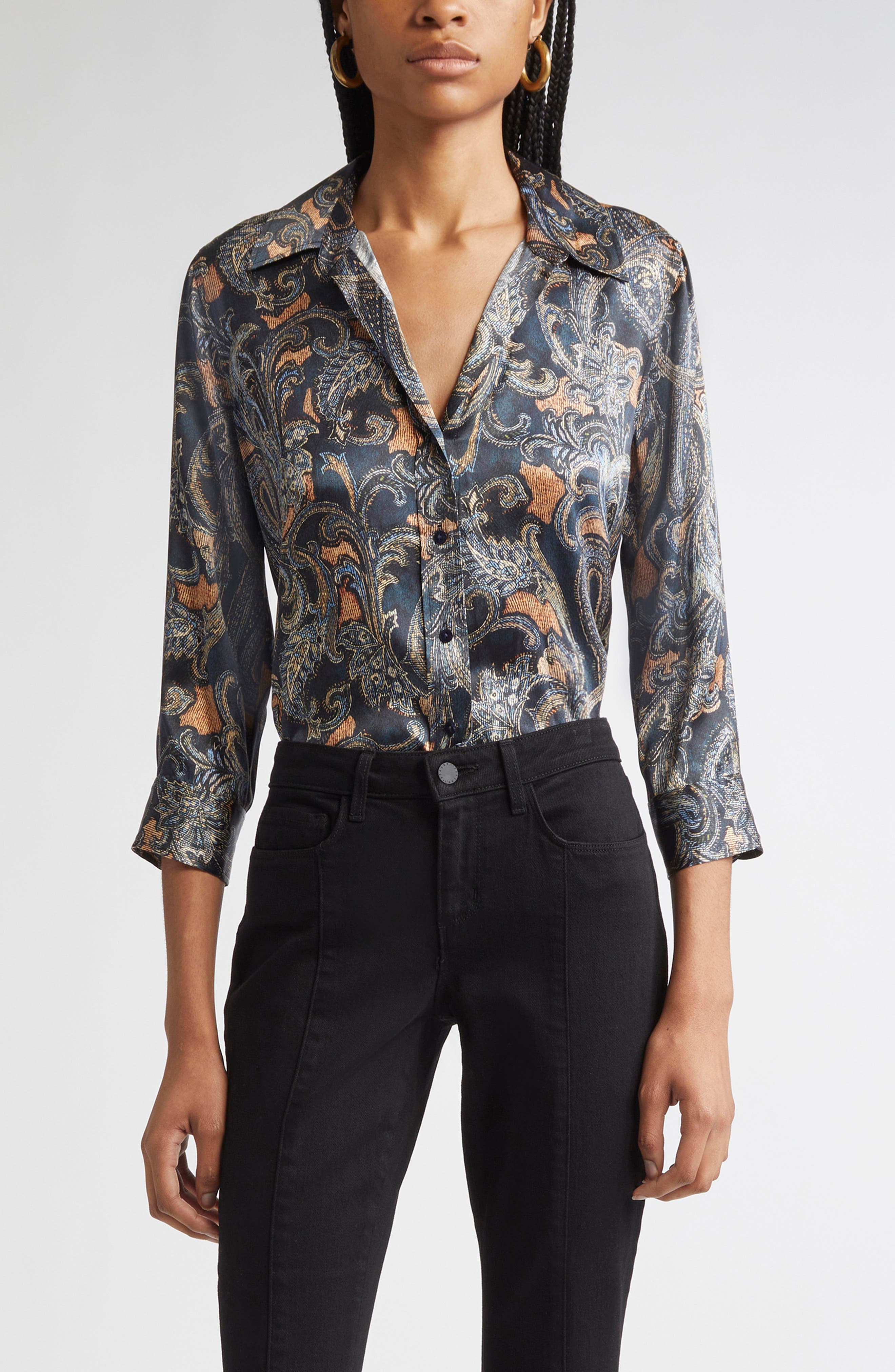 Dani Print Three-Quarter Sleeve Silk Button-Up Shirt - image 1