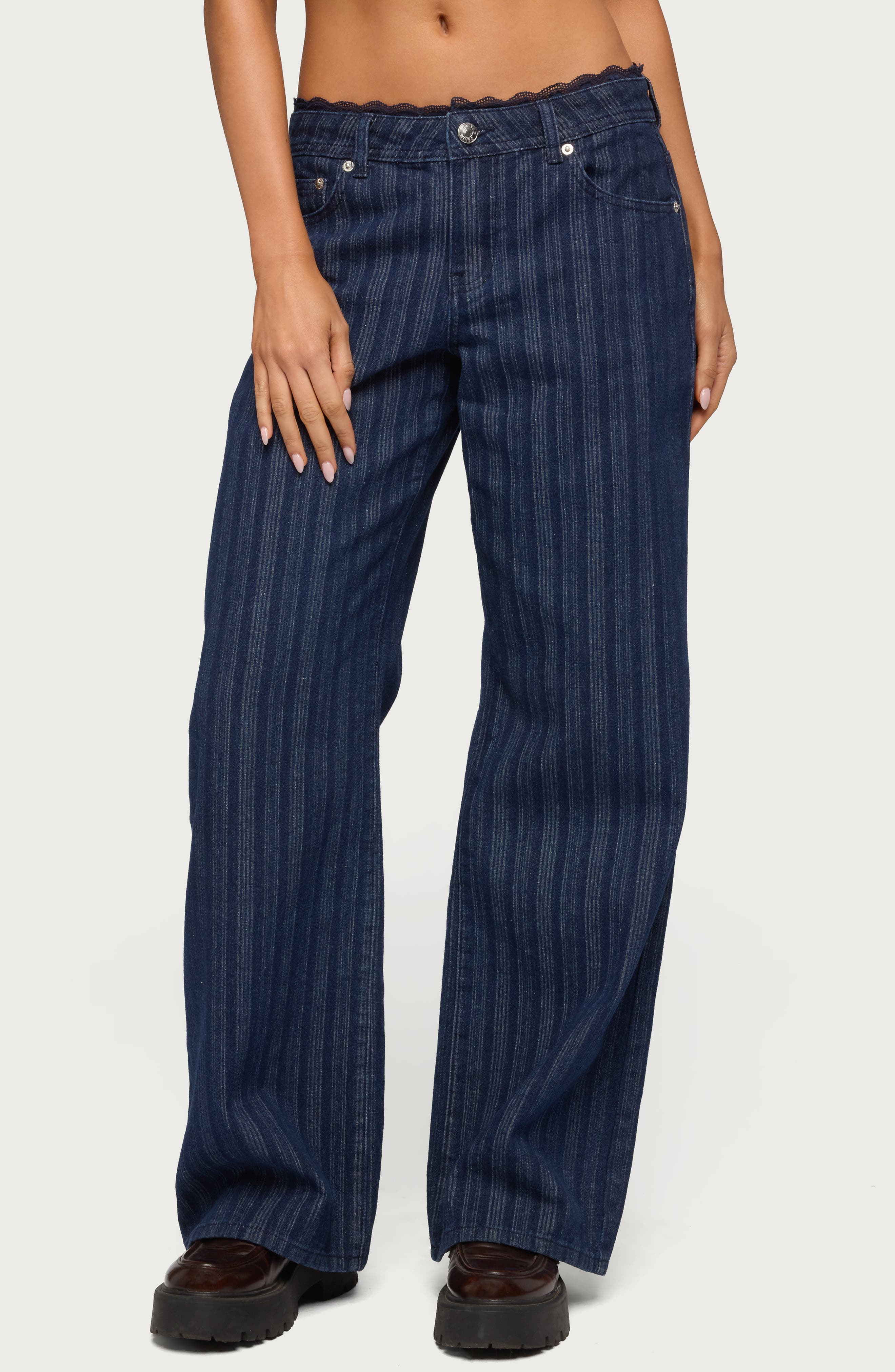 Stripe Lace Trim Low Rise Wide Leg Jeans - image 1