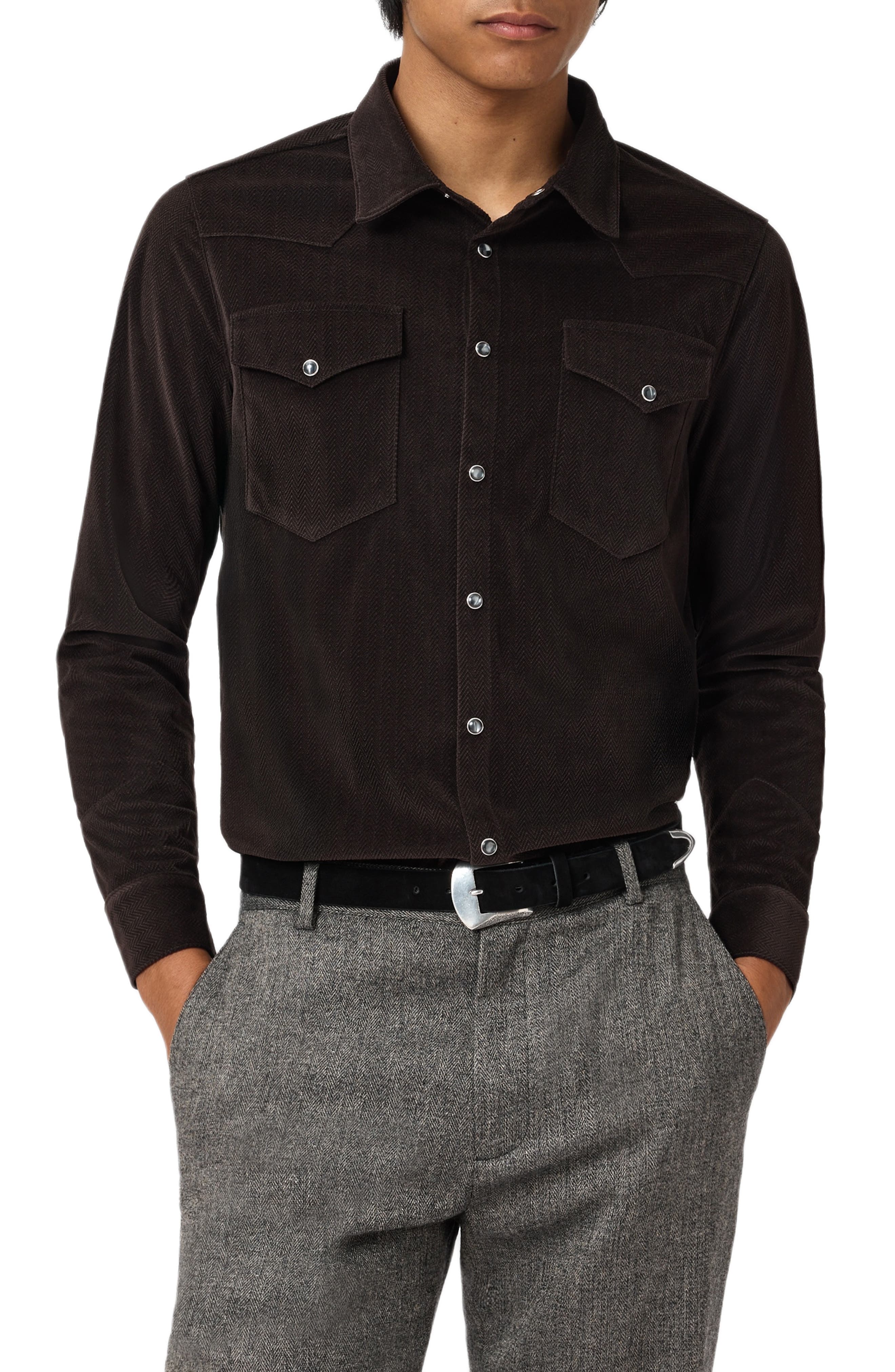Andres Western Herringbone Faux Suede Snap-Up Shirt - image 1