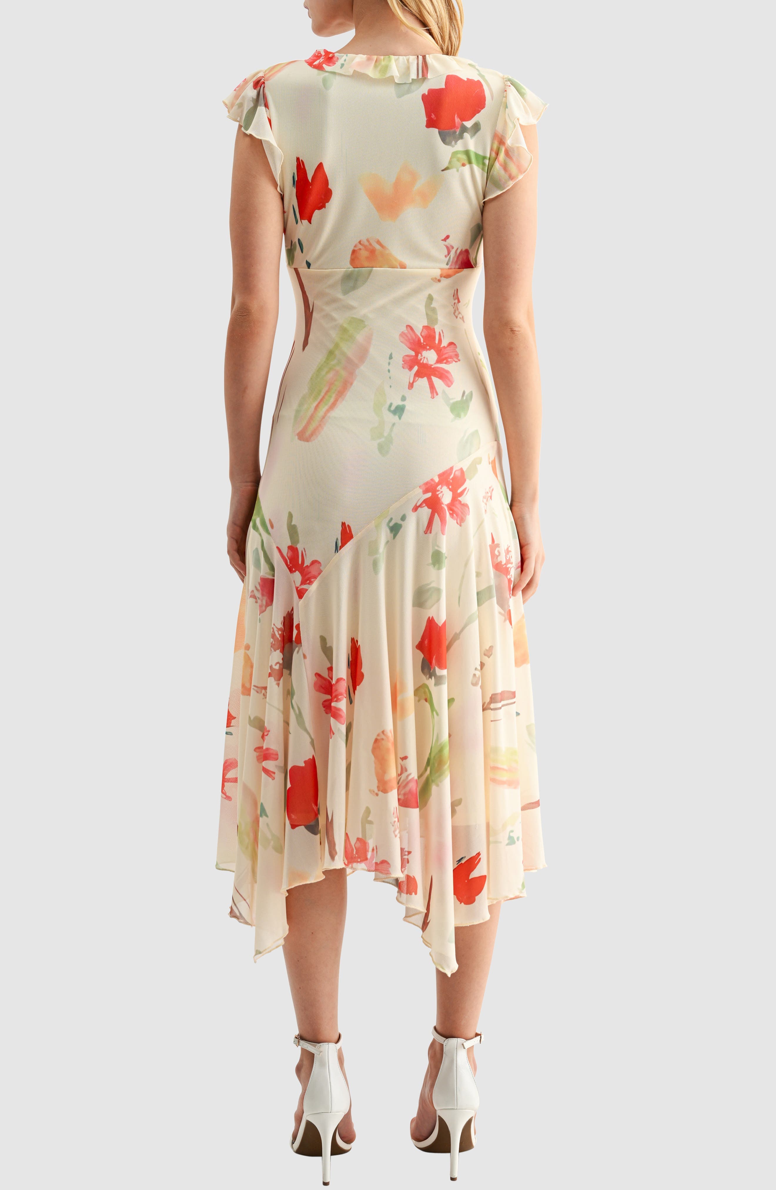 Floral Flutter Sleeve Handkerchief Hem Mesh Dress - image 2