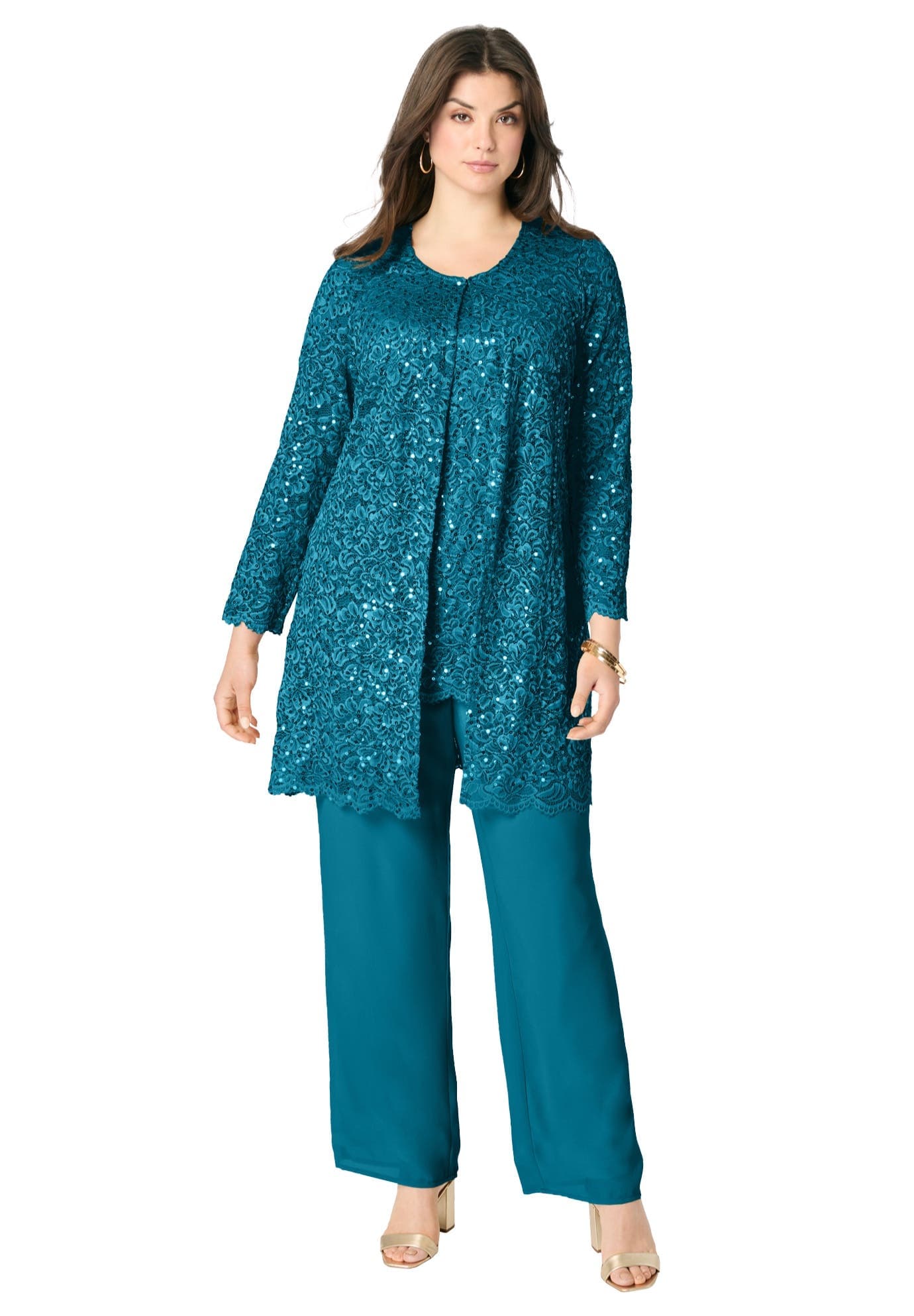 Plus-Size 3 Piece Allover Sequin Lace Jacket And Tank Pant Set - image 5