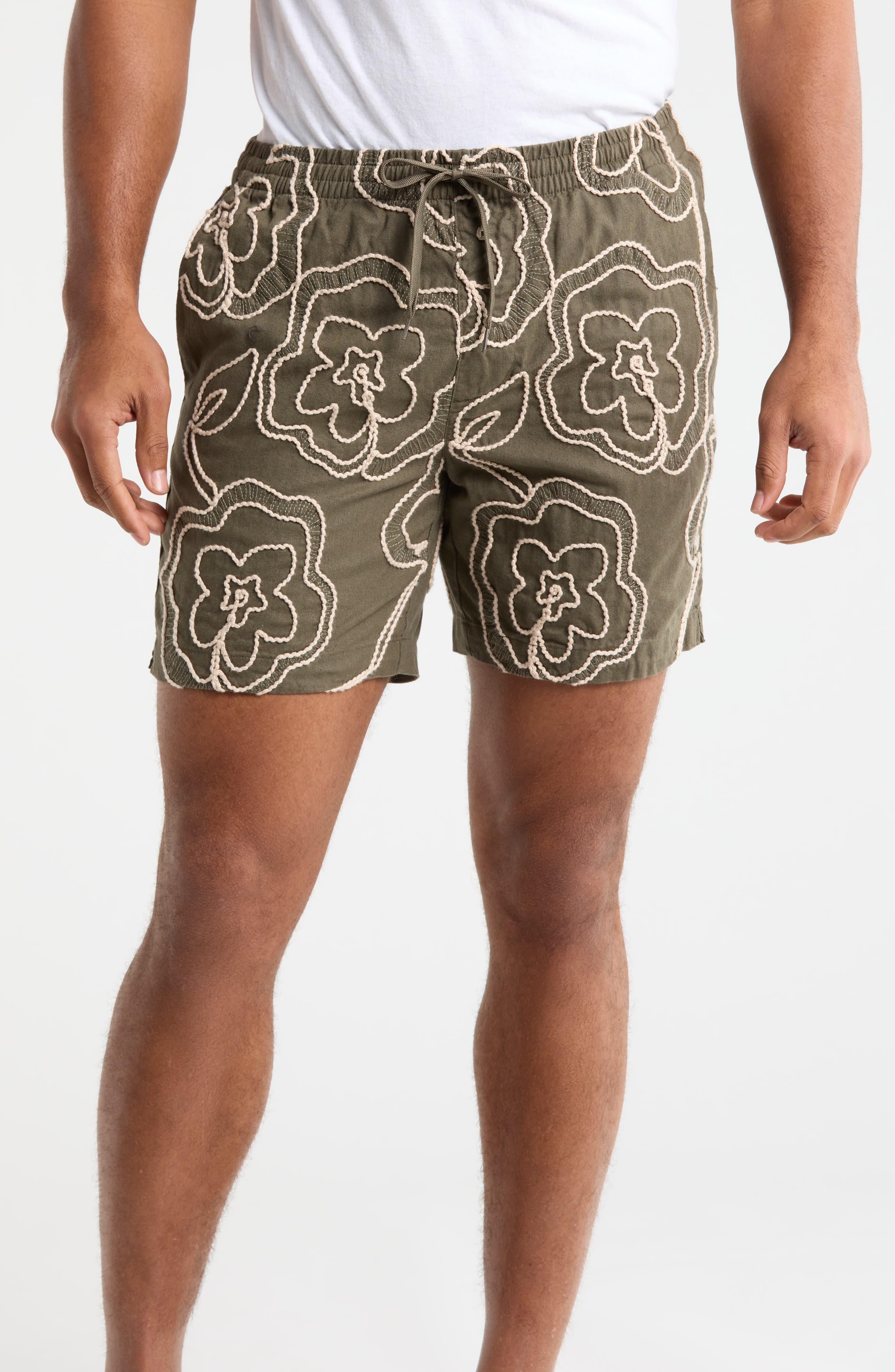 Olive Cotton & Linen Embroidered Shorts - image 1