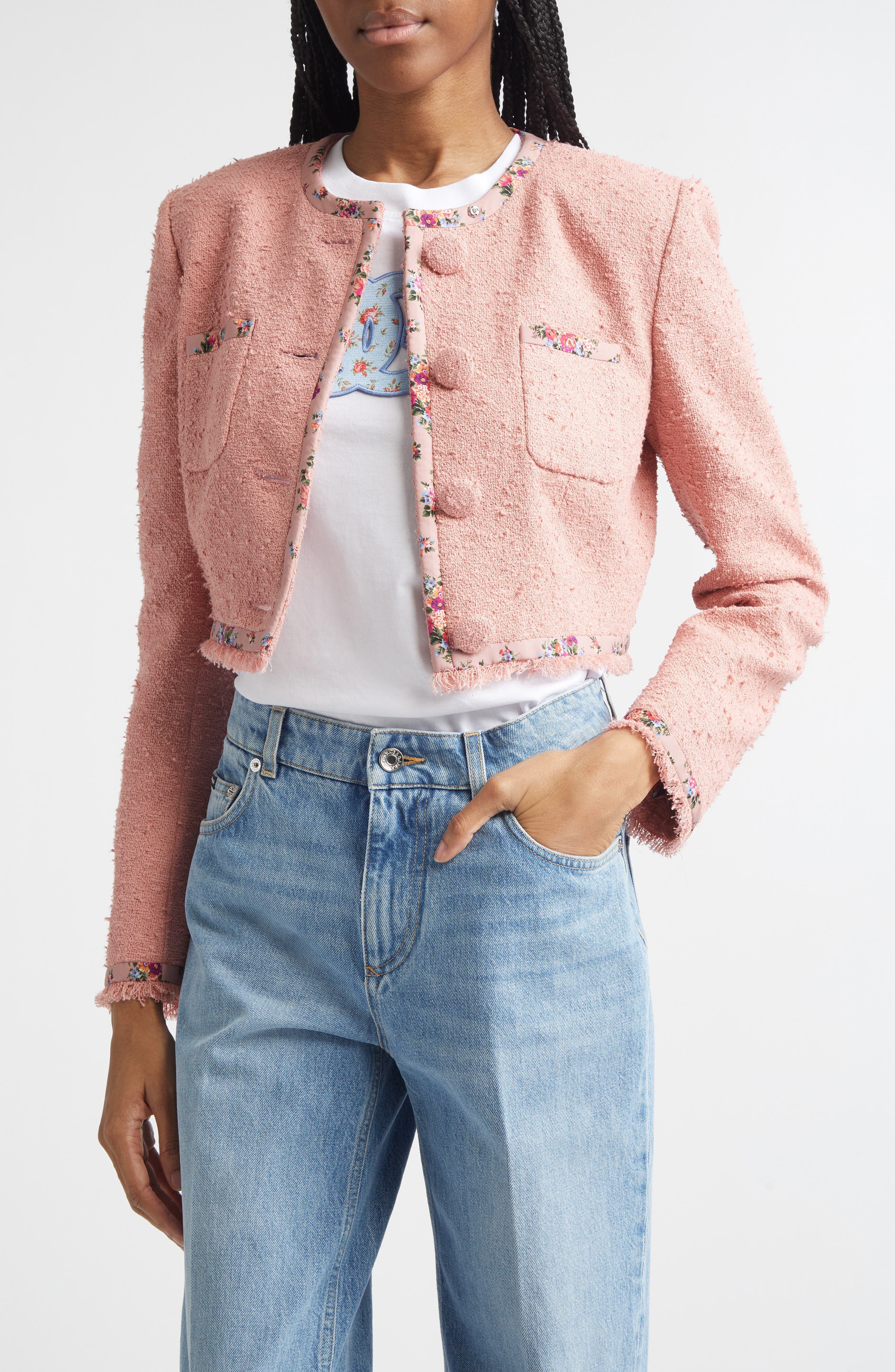 Floral Trim Crop Tweed Jacket - image 1
