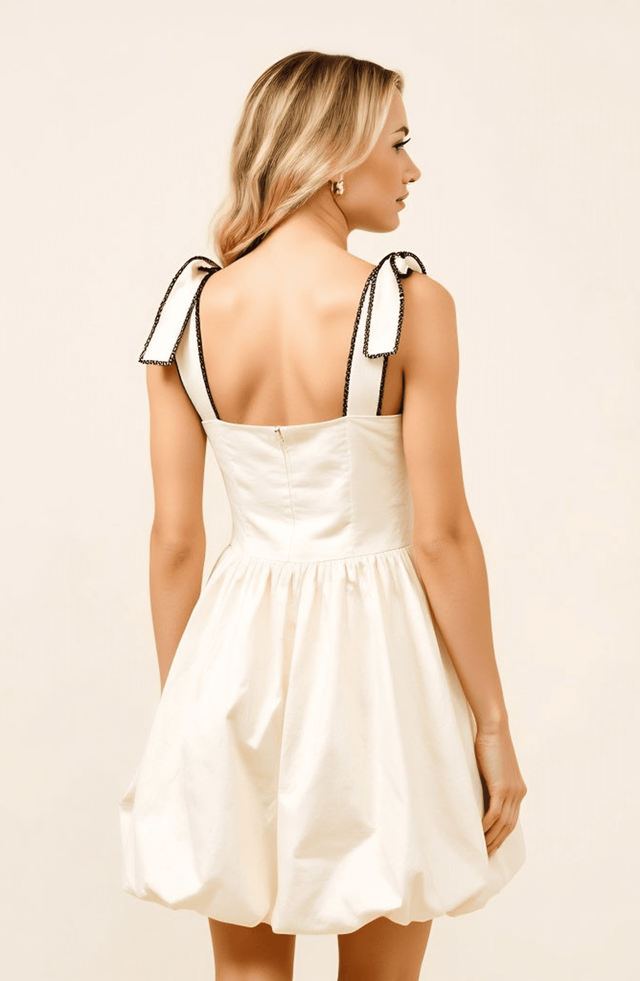 Bow Strap Bubble Hem Mini Dress with Square Neckline Detail - image 2