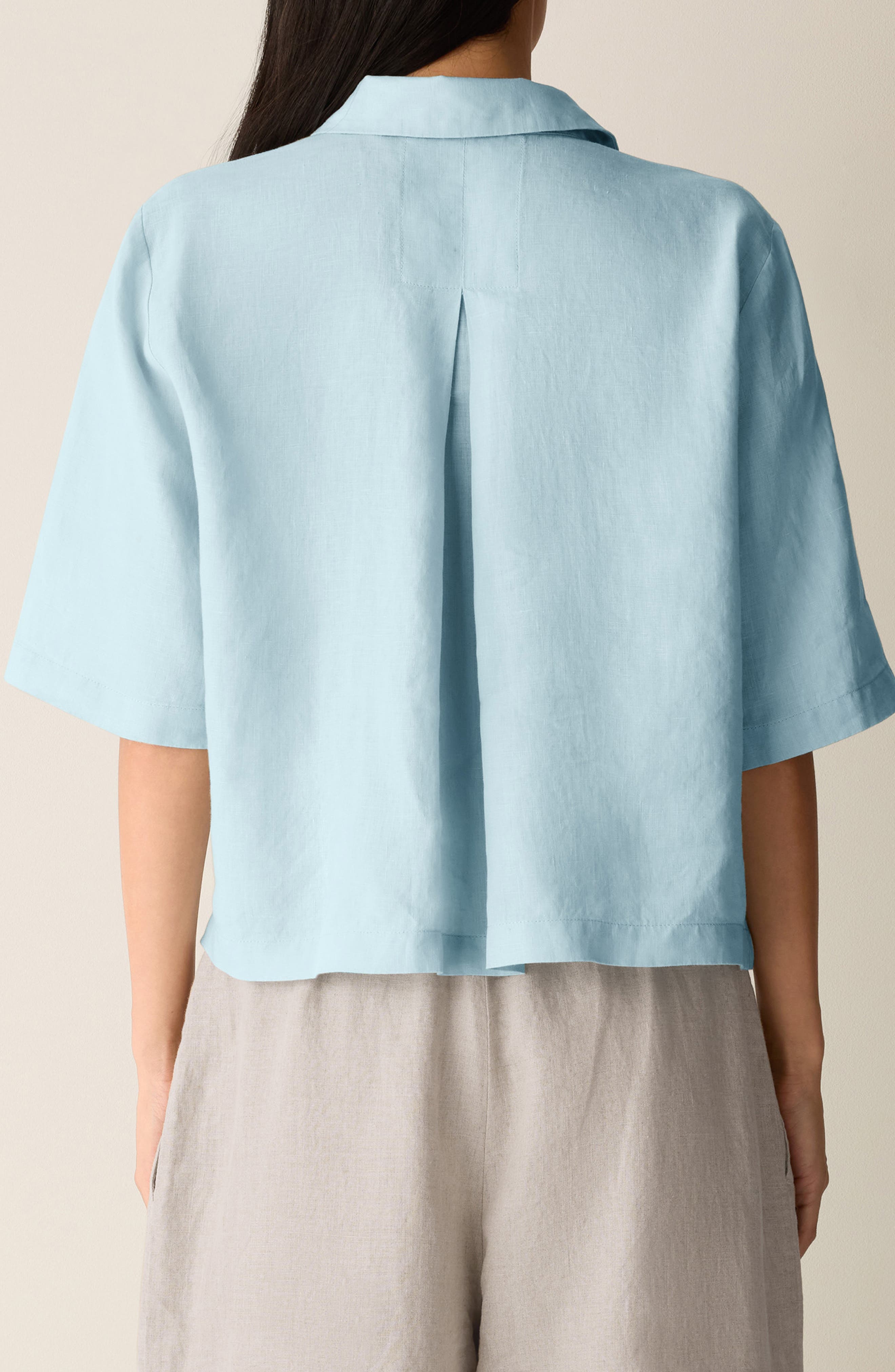 Classic Collar Elbow Sleeve Organic Linen Button-Up Shirt - image 4