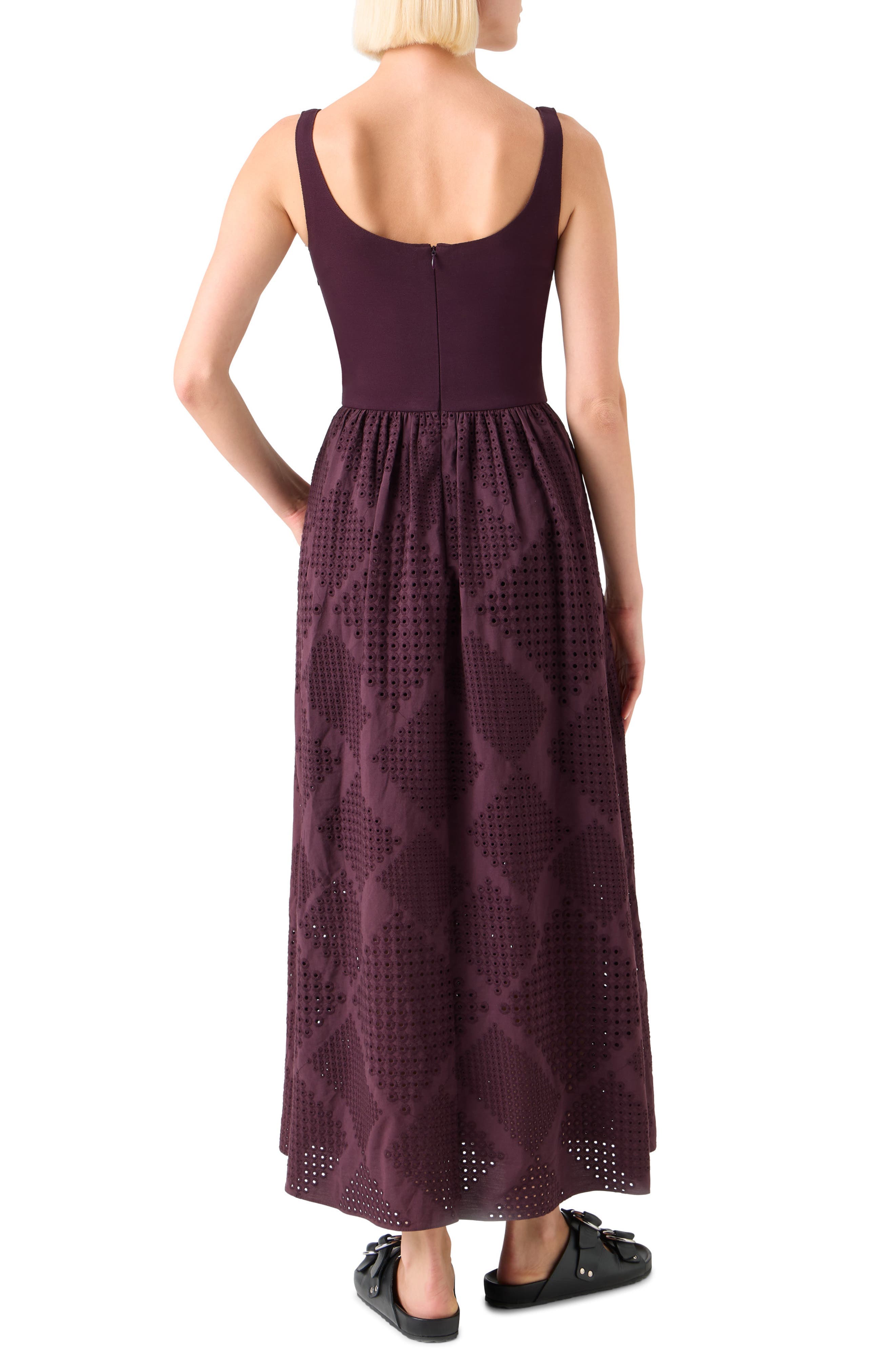Mixed Media Diamond Eyelet Belted Midi Dress - image 2