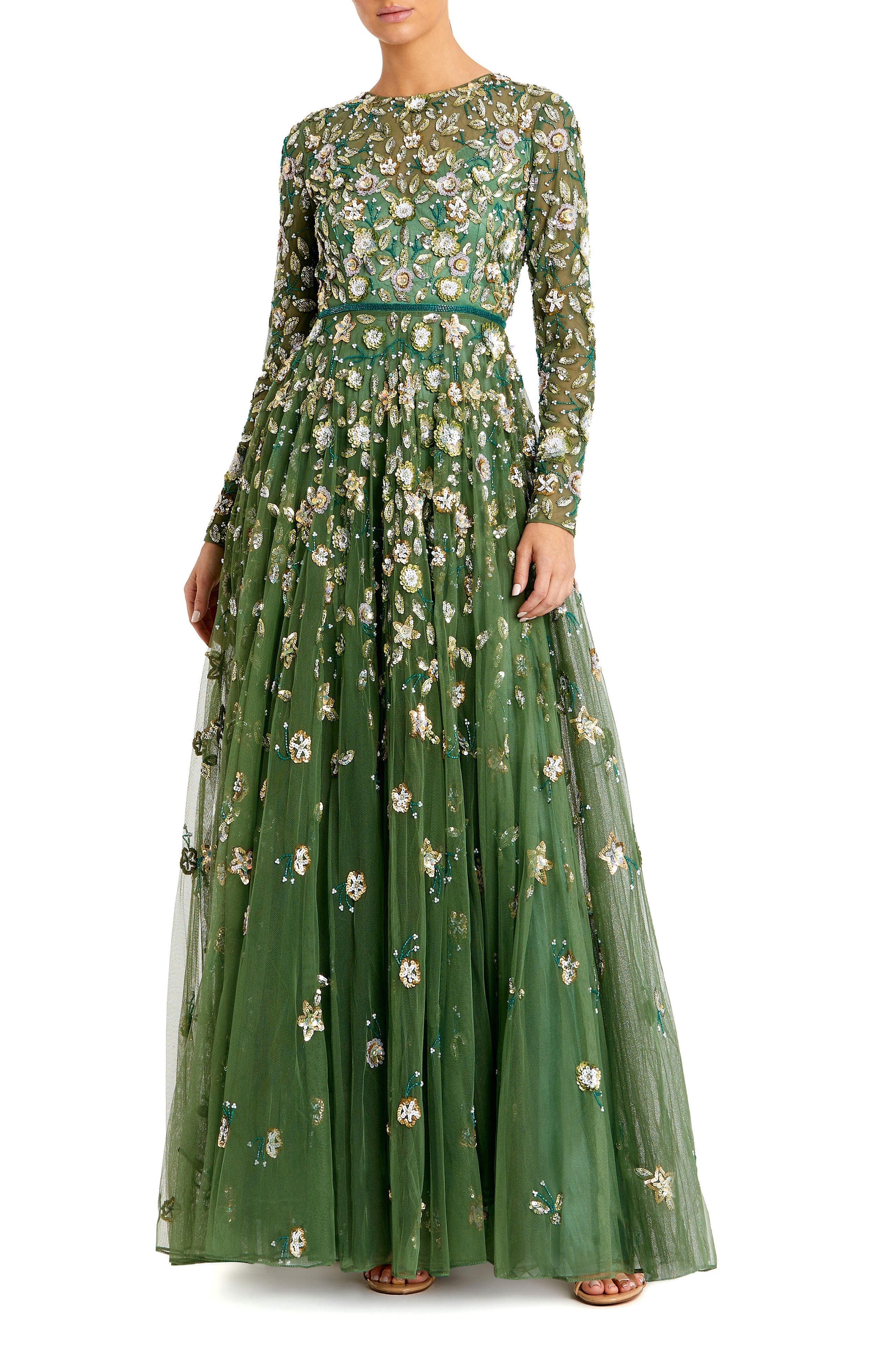 Petite Embellished High Neck Long Sleeve A-Line Gown - image 1
