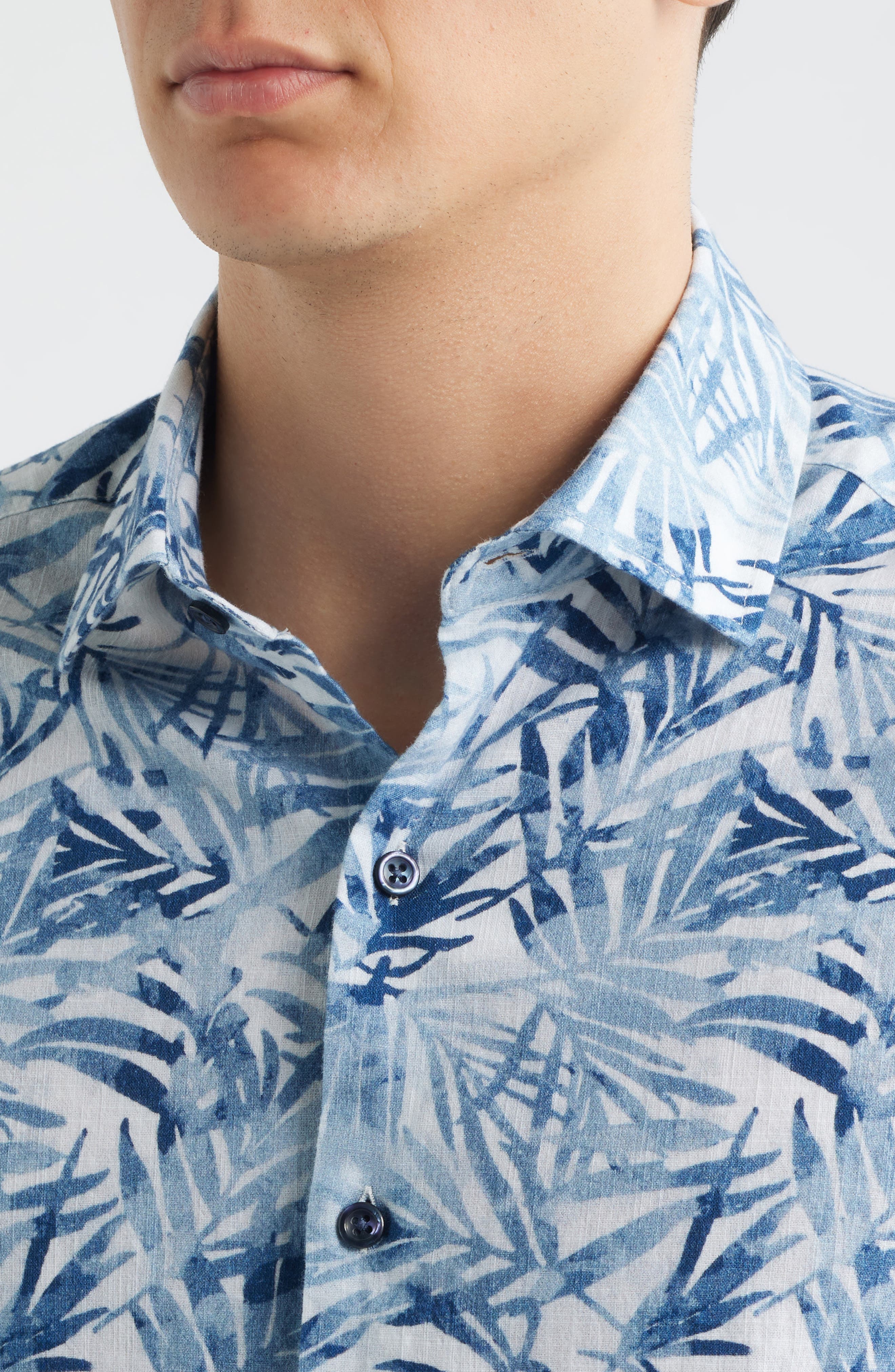 Keneth Leaf Print Short Sleeve Stretch Cotton Button-Up Shirt - image 2