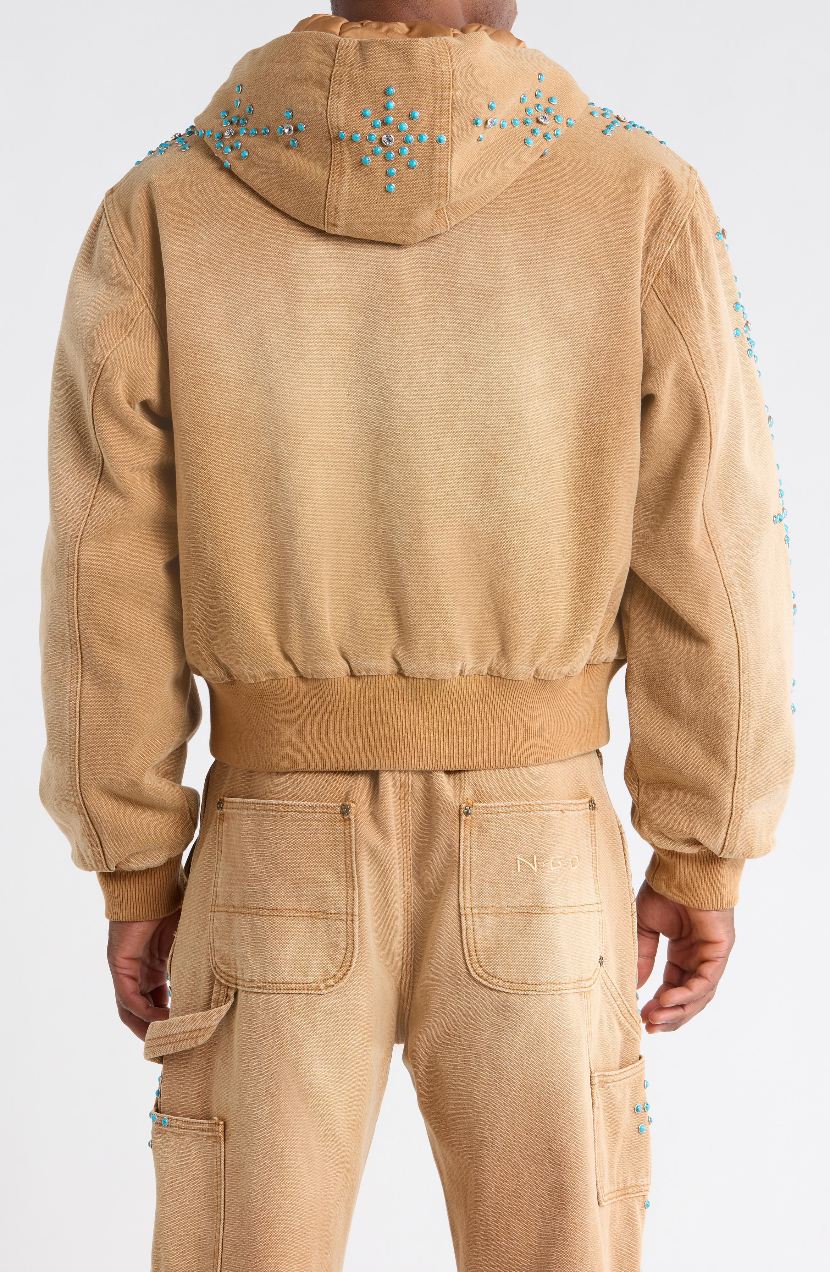 Turquoise Studded Cotton Canvas Hooded Jacket - image 2