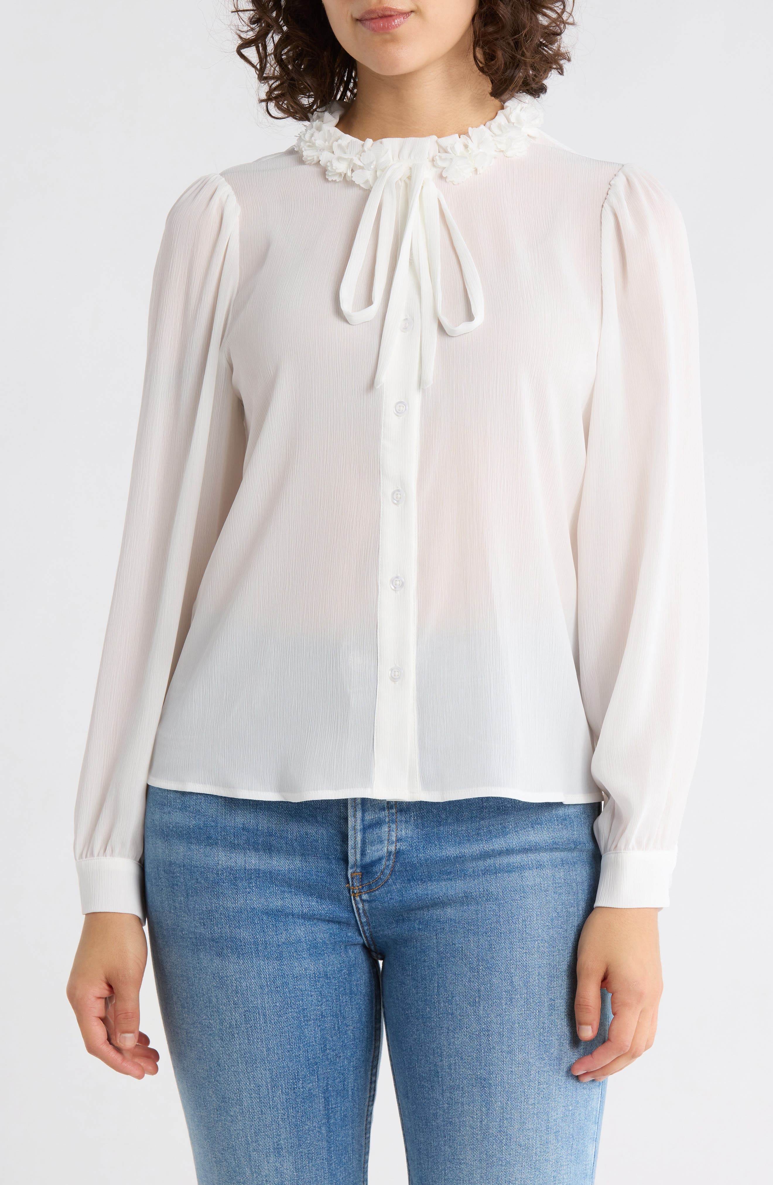 Flower Tie Neck Button-Up Shirt - image 3