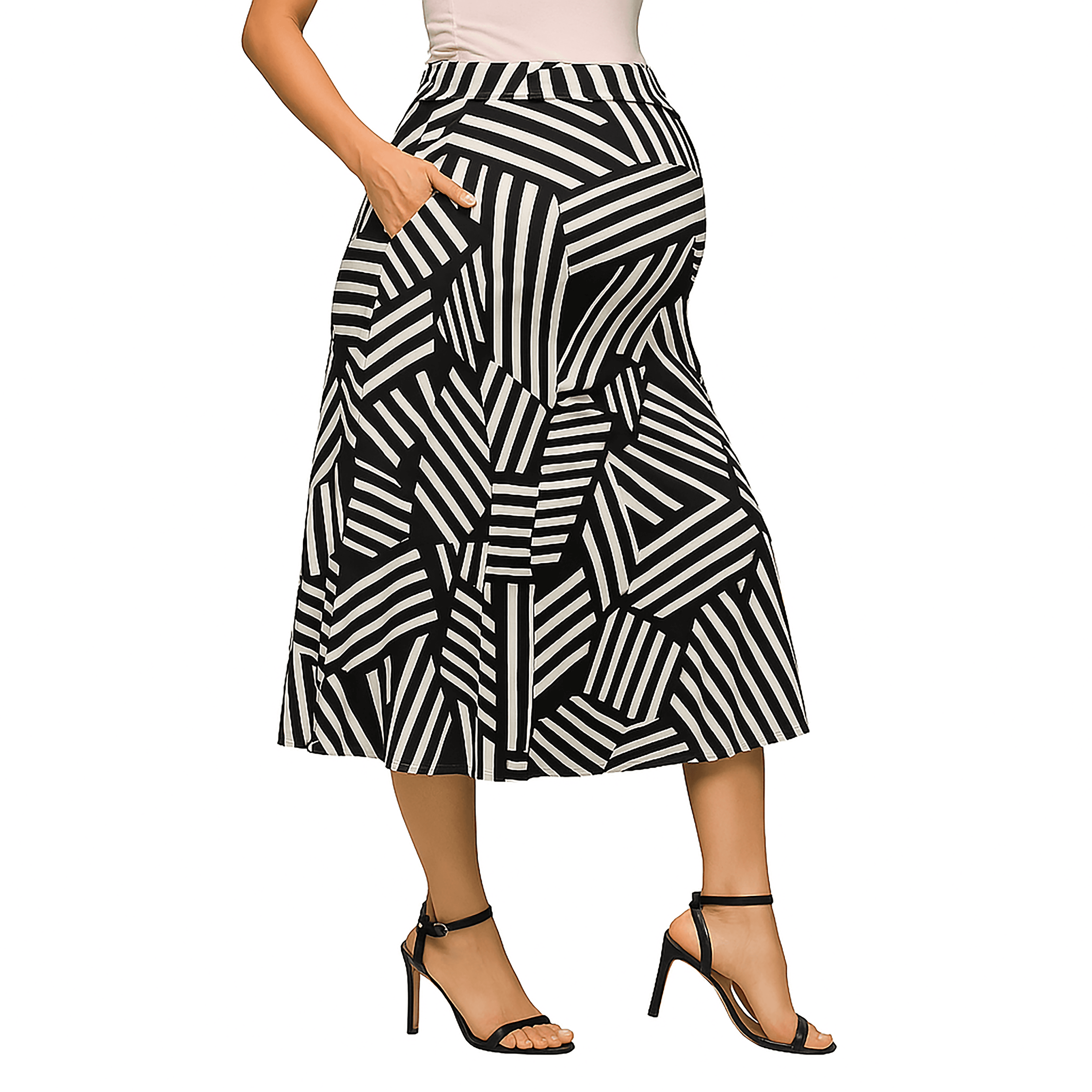 Maternity Black Geometric Print Elastic Waist Pocket Midi Skirt - image 2