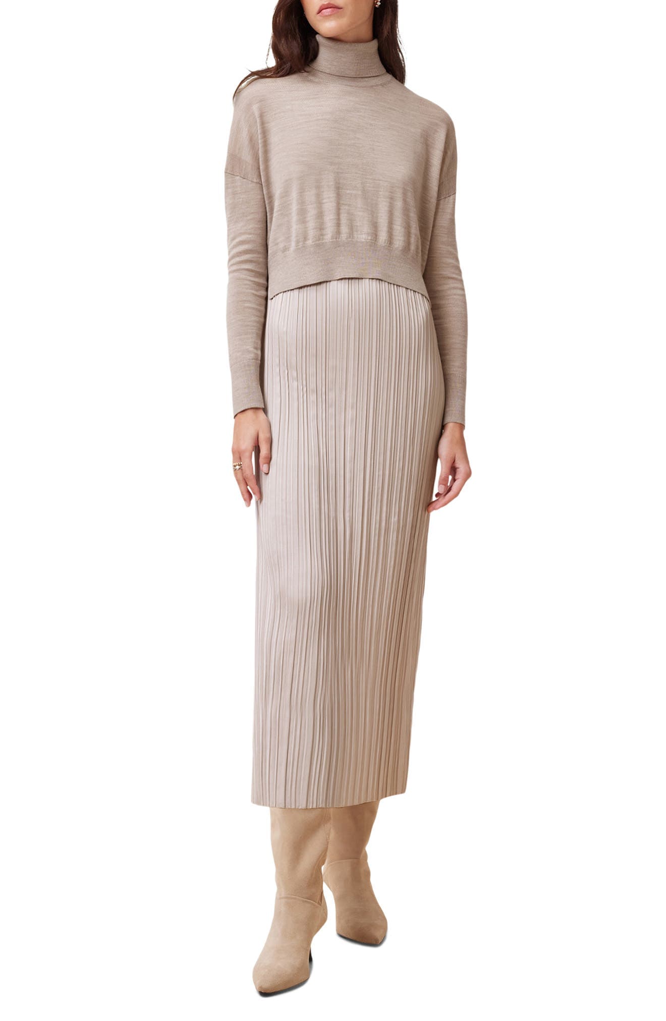Vittoria Merino Wool High-Low Sweater & Micropleat Midi Dress Set - image 1