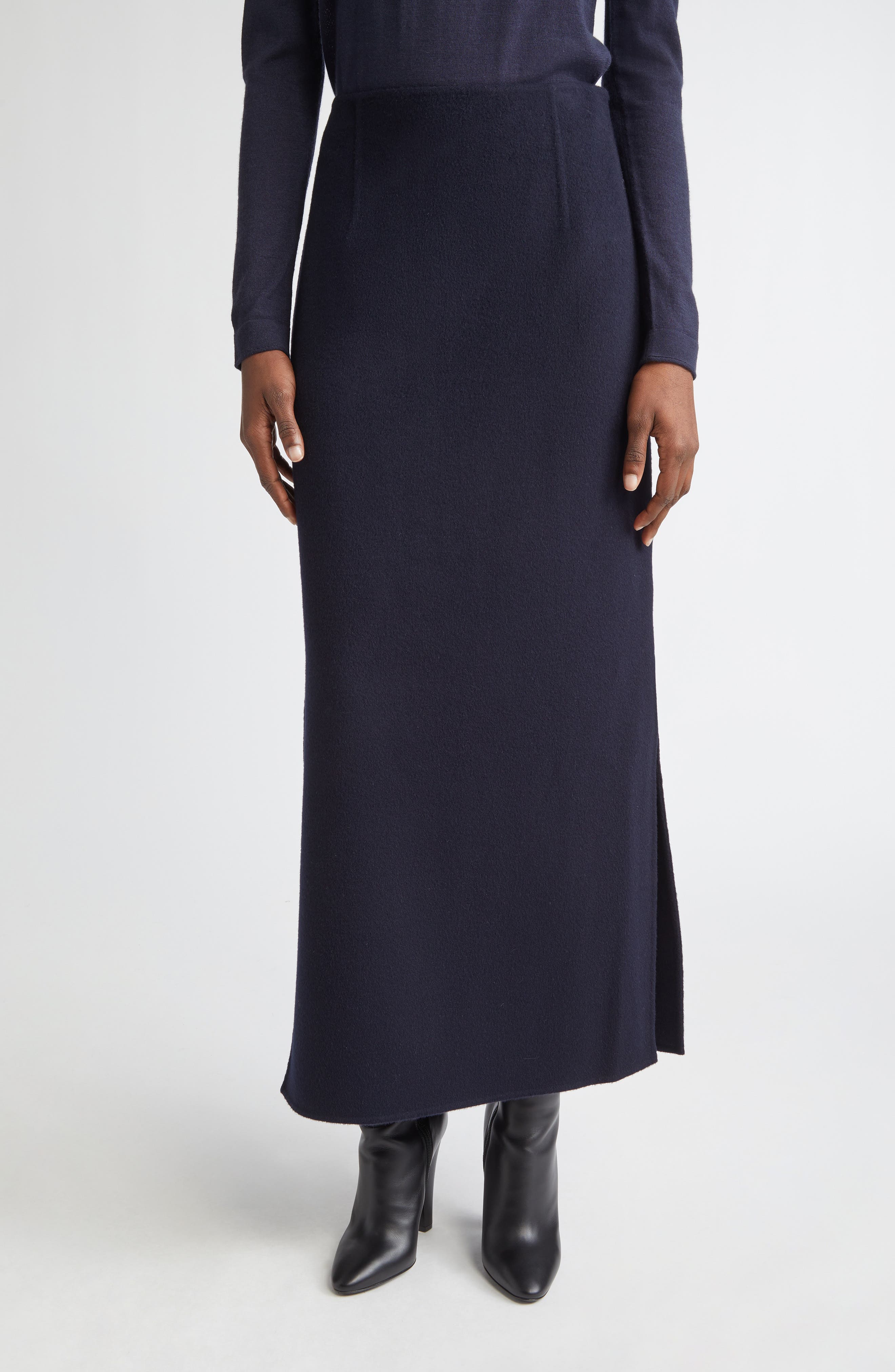 High Waist Side Slit Wool & Cashmere A-Line Maxi Skirt - image 1
