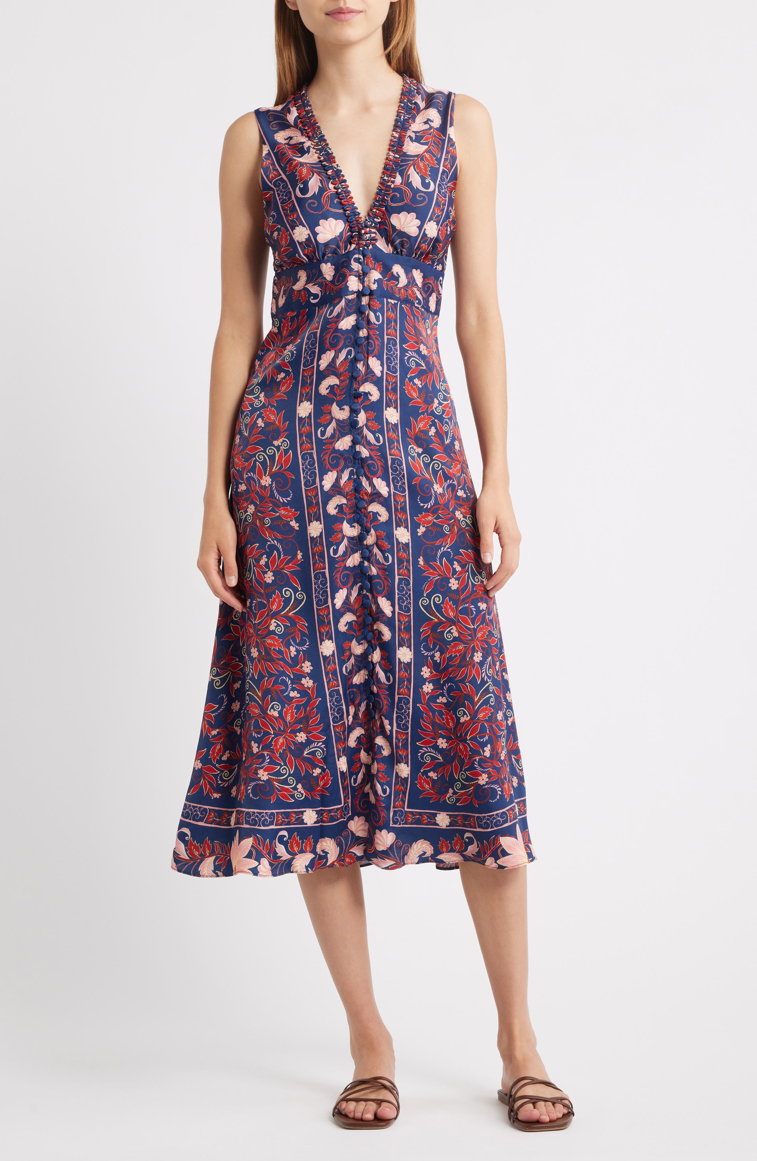 Boho Floral Scarf Print Sleeveless Midi Dress - image 1