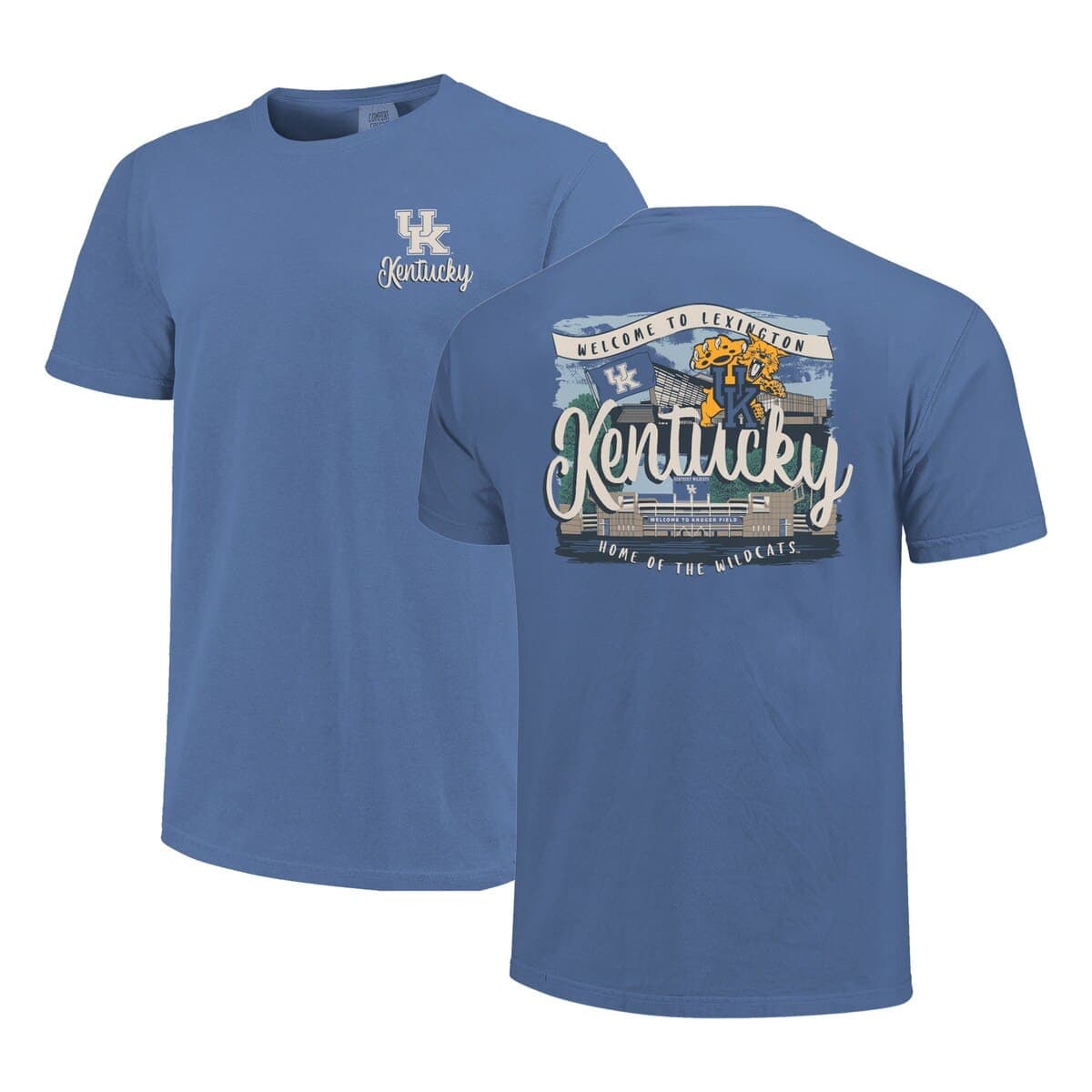 Women's Royal Kentucky Wildcats Comfort Colors Campus Scene Drawing Script T-Shirt - image 1