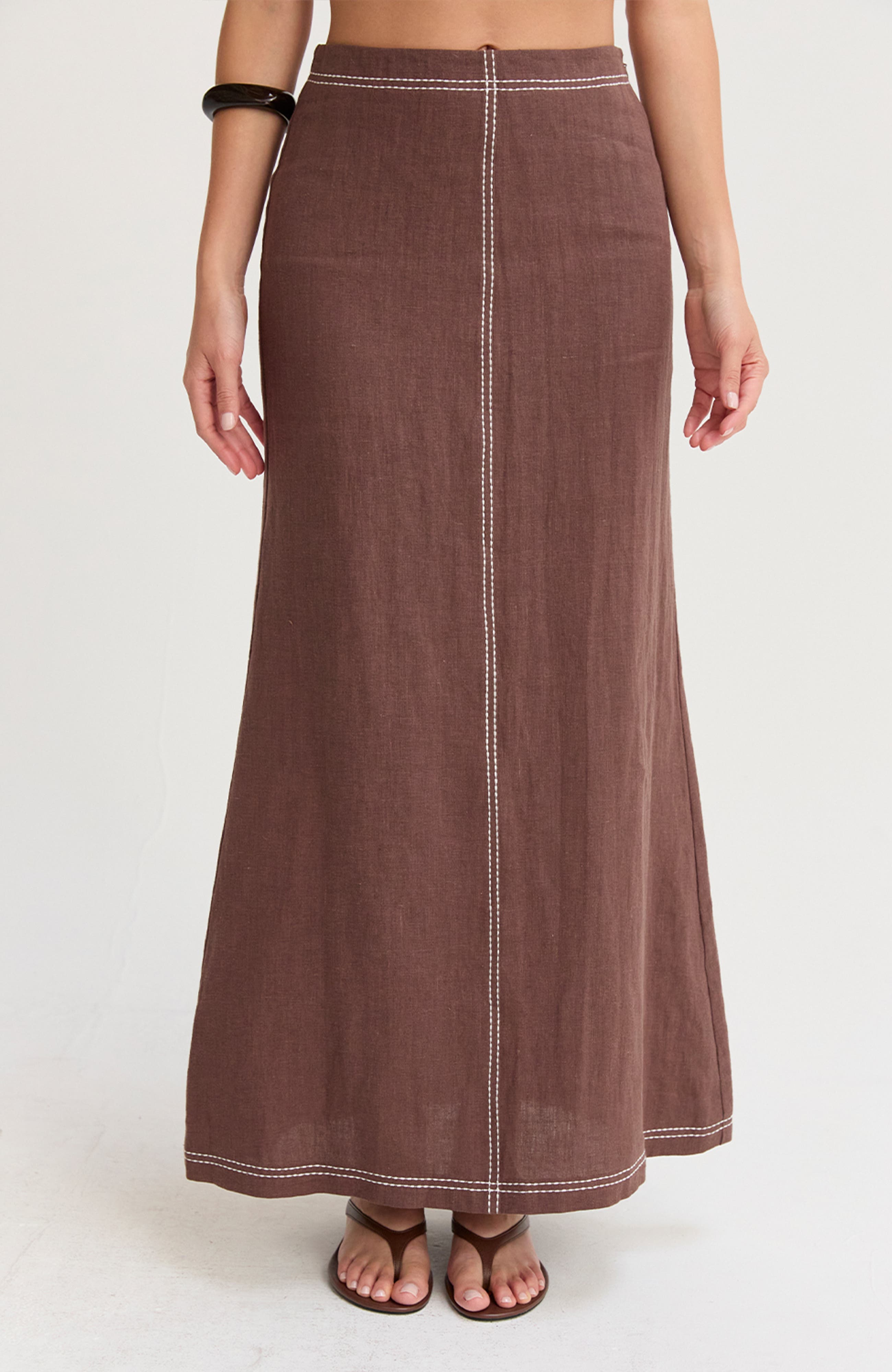 Embroidered Contrast Stitch Linen Maxi Skirt - image 3
