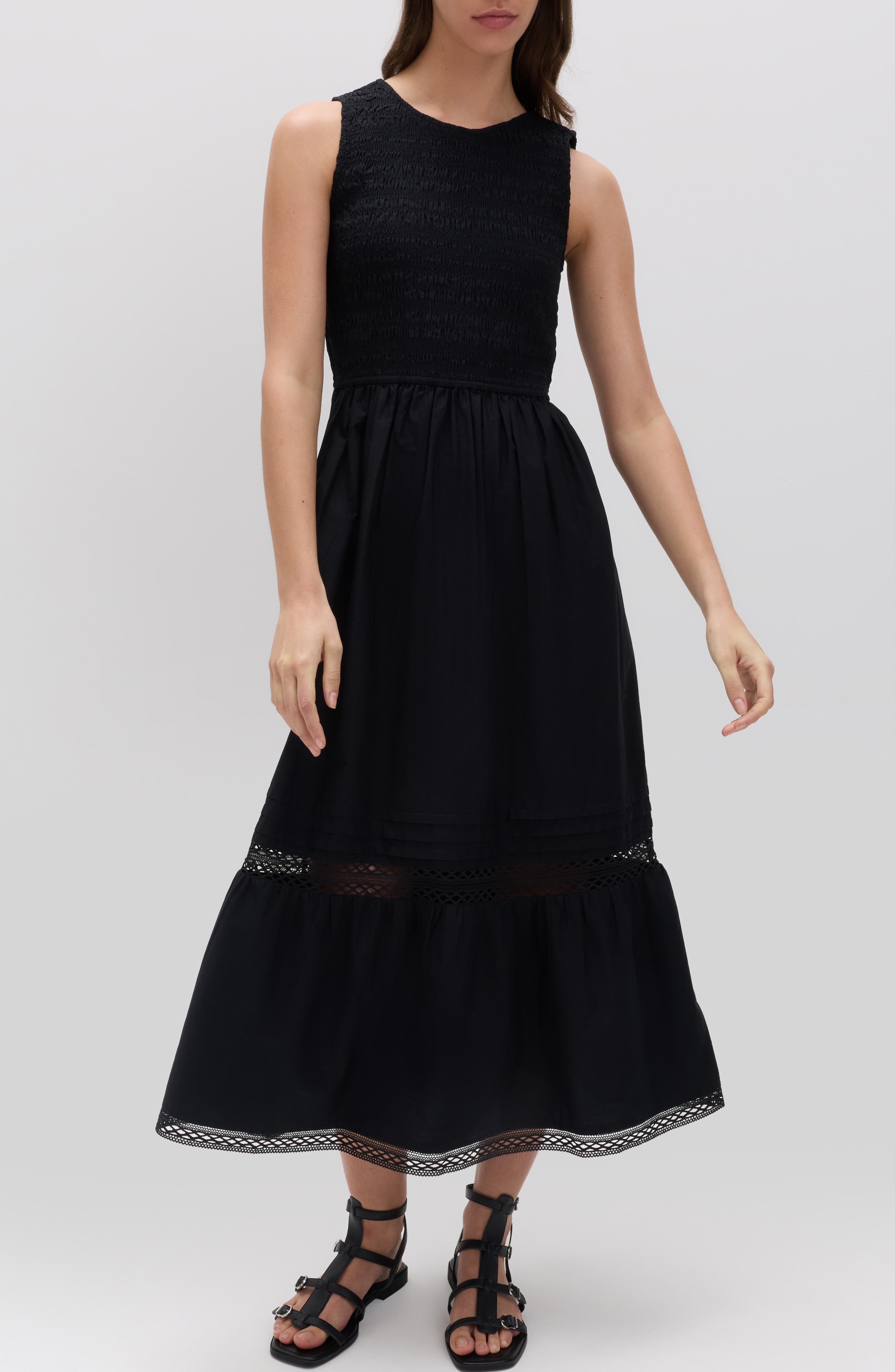 Smocked Lace Trim Sleeveless Cotton Maxi Dress - image 1