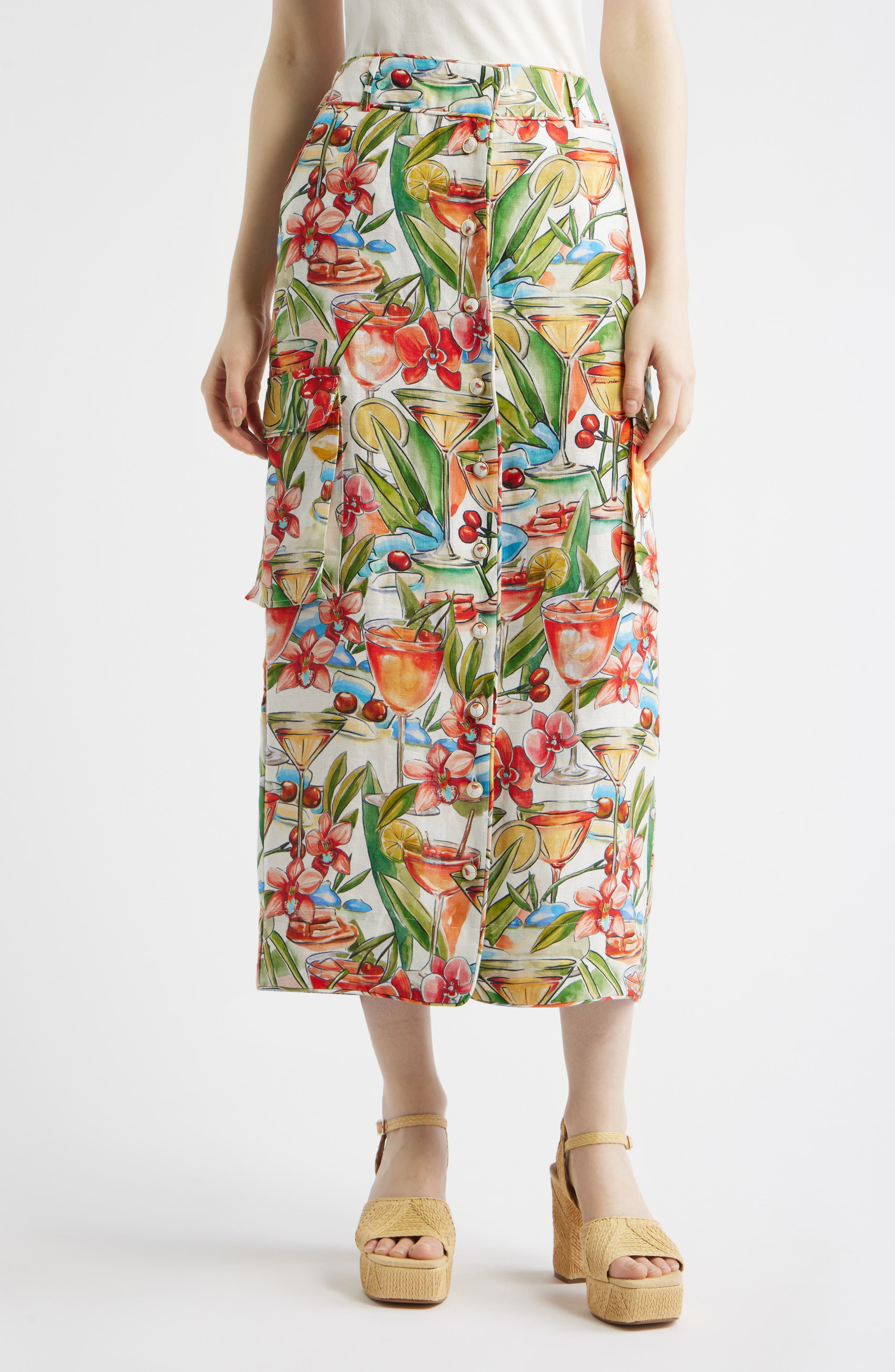 Cocktail Print Linen Midi Skirt - image 1