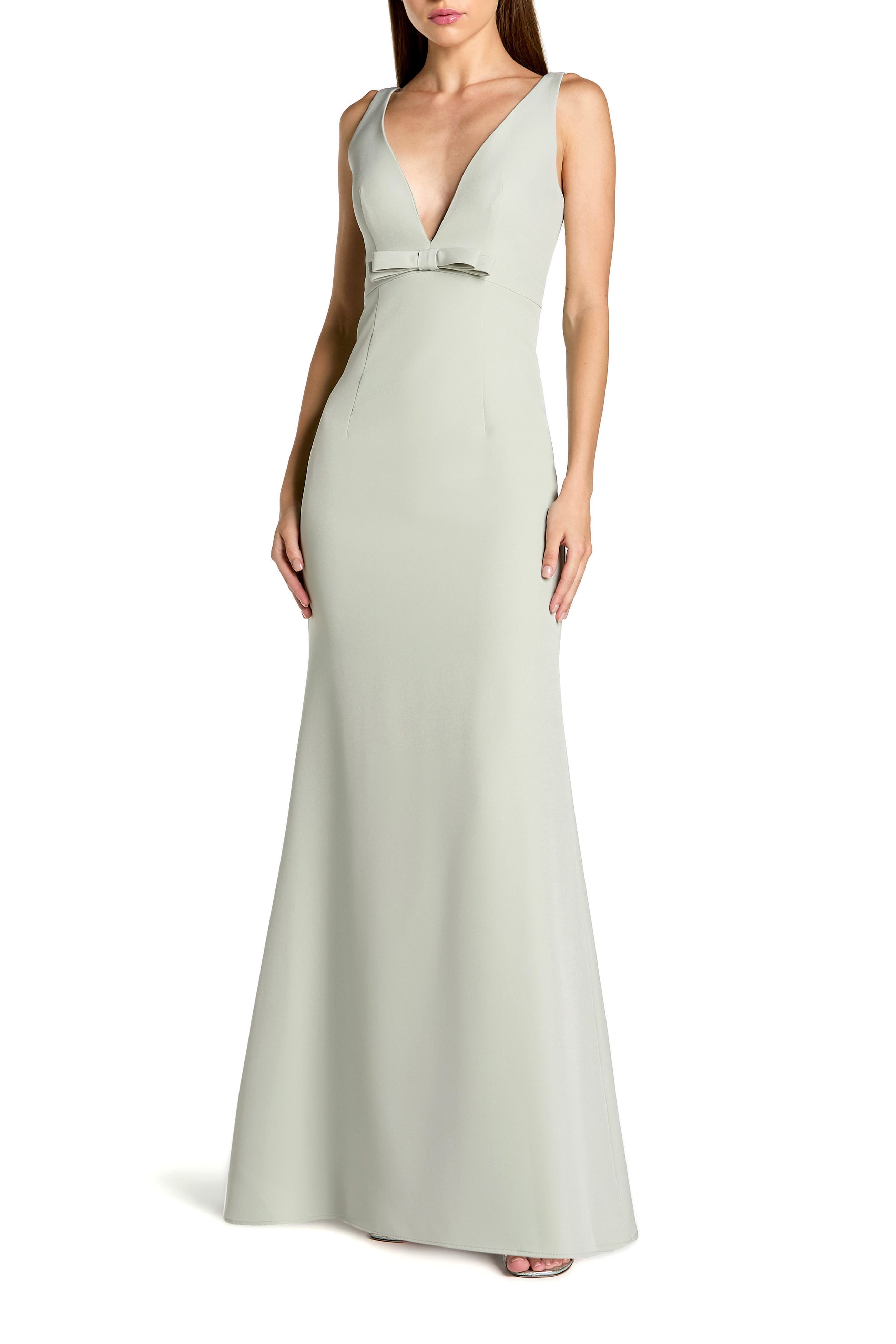 Petite Crepe Sleeveless V Neck Sheath Gown With Bow - image 1