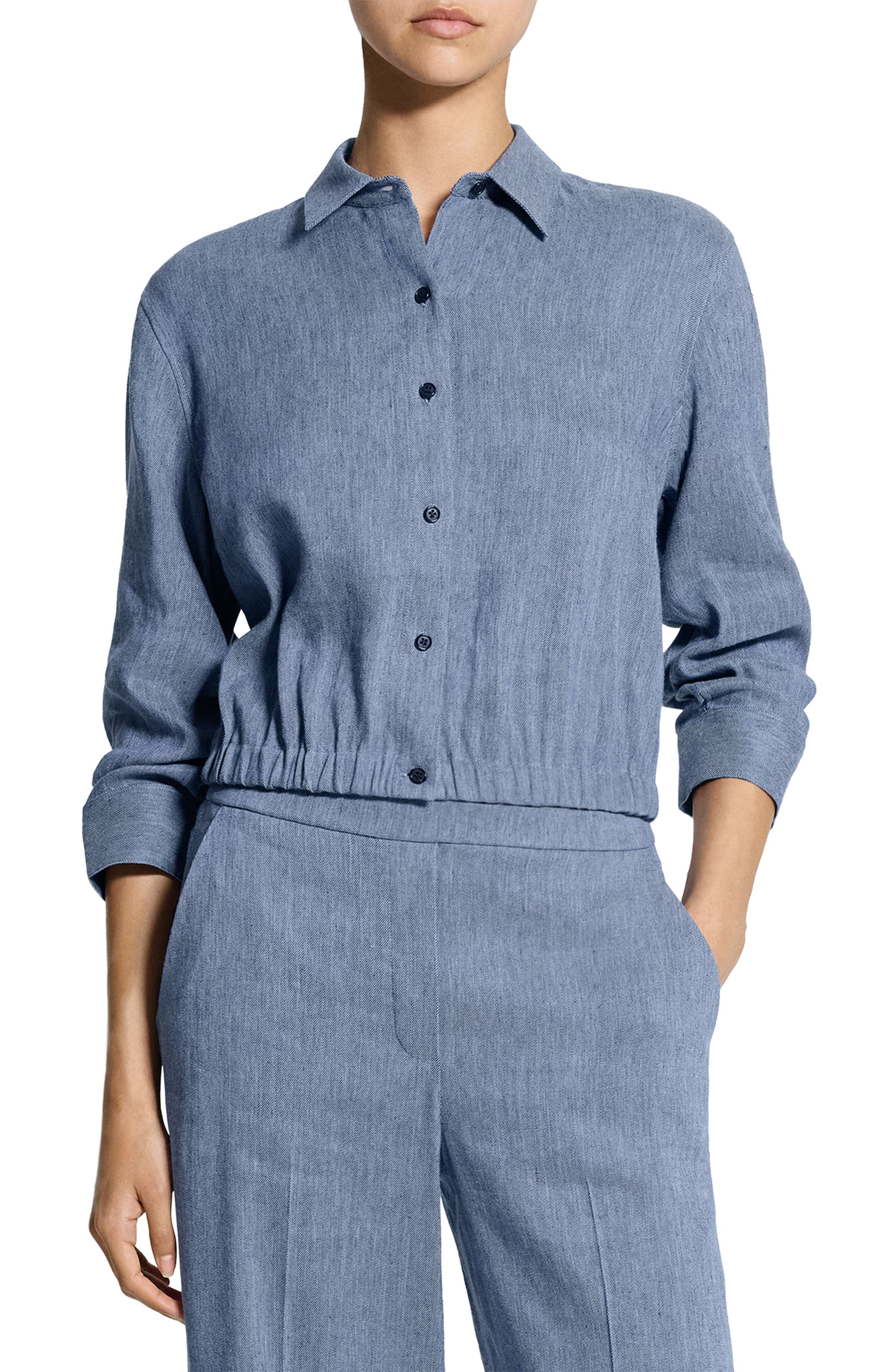 Scrunch Sleeve Chambray Crop Button-Up Top - image 1