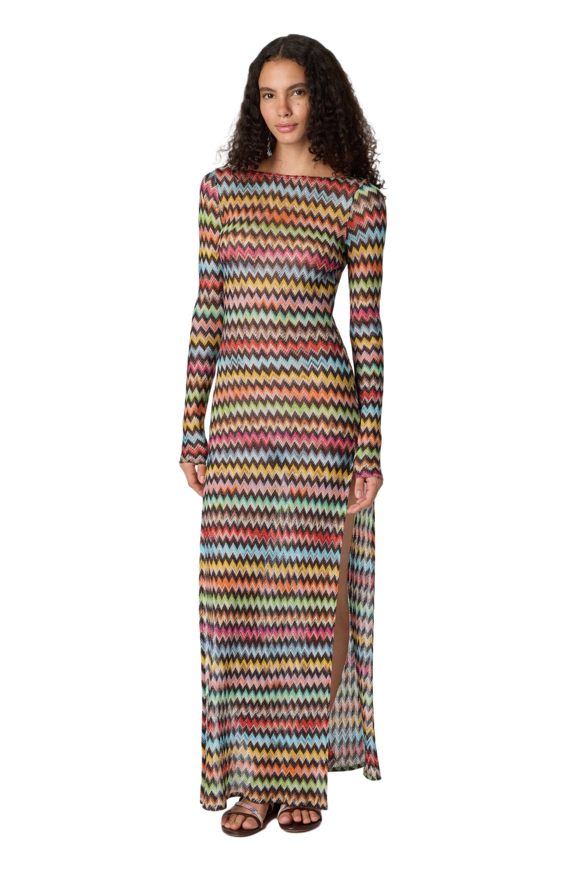 Long Cover-up Dress In Lame Viscose With Micro Zigzag Pattern - image 1