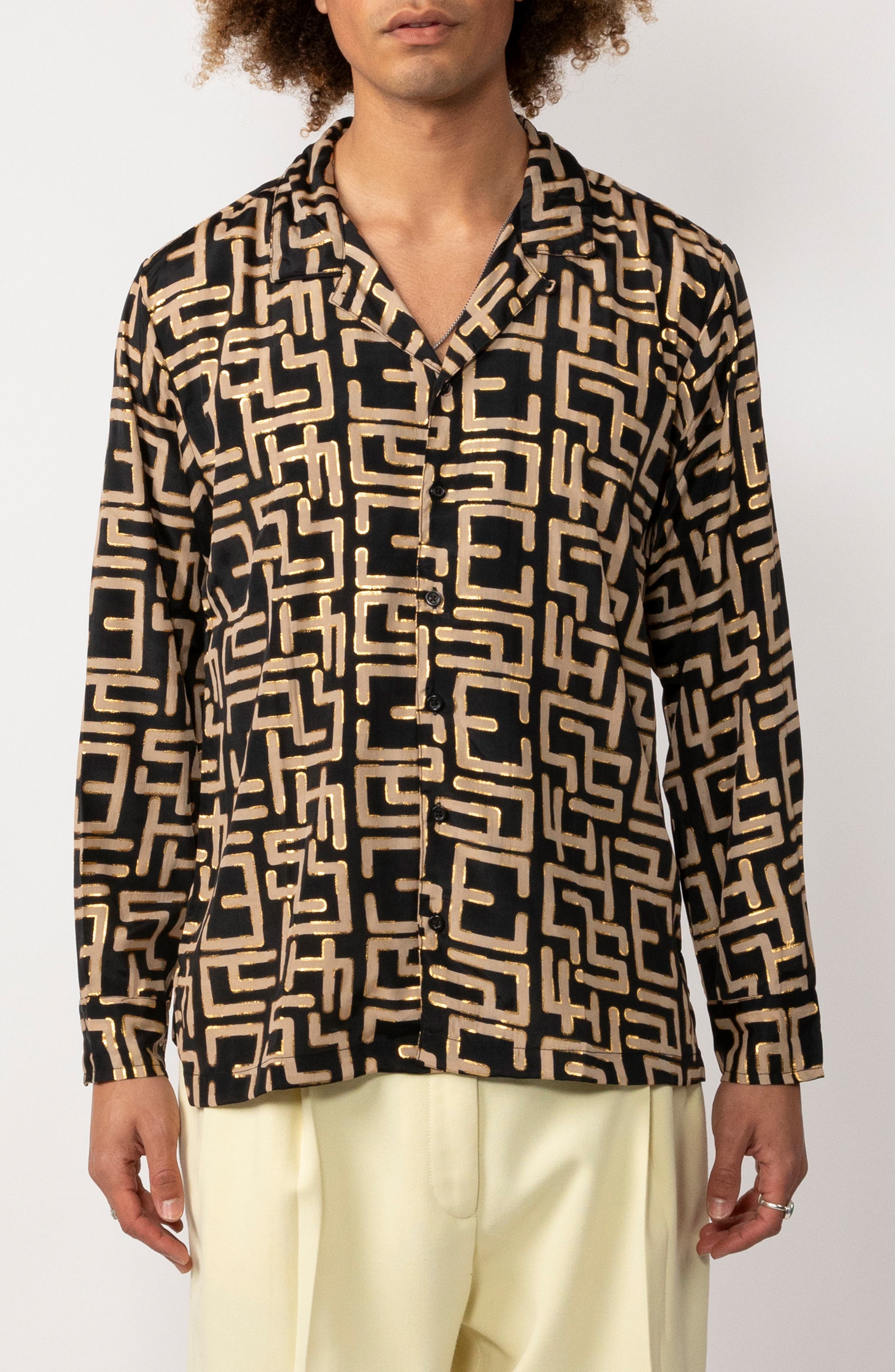 Ishaan Metalic Geo Print Camp Collar Button-Up Shirt