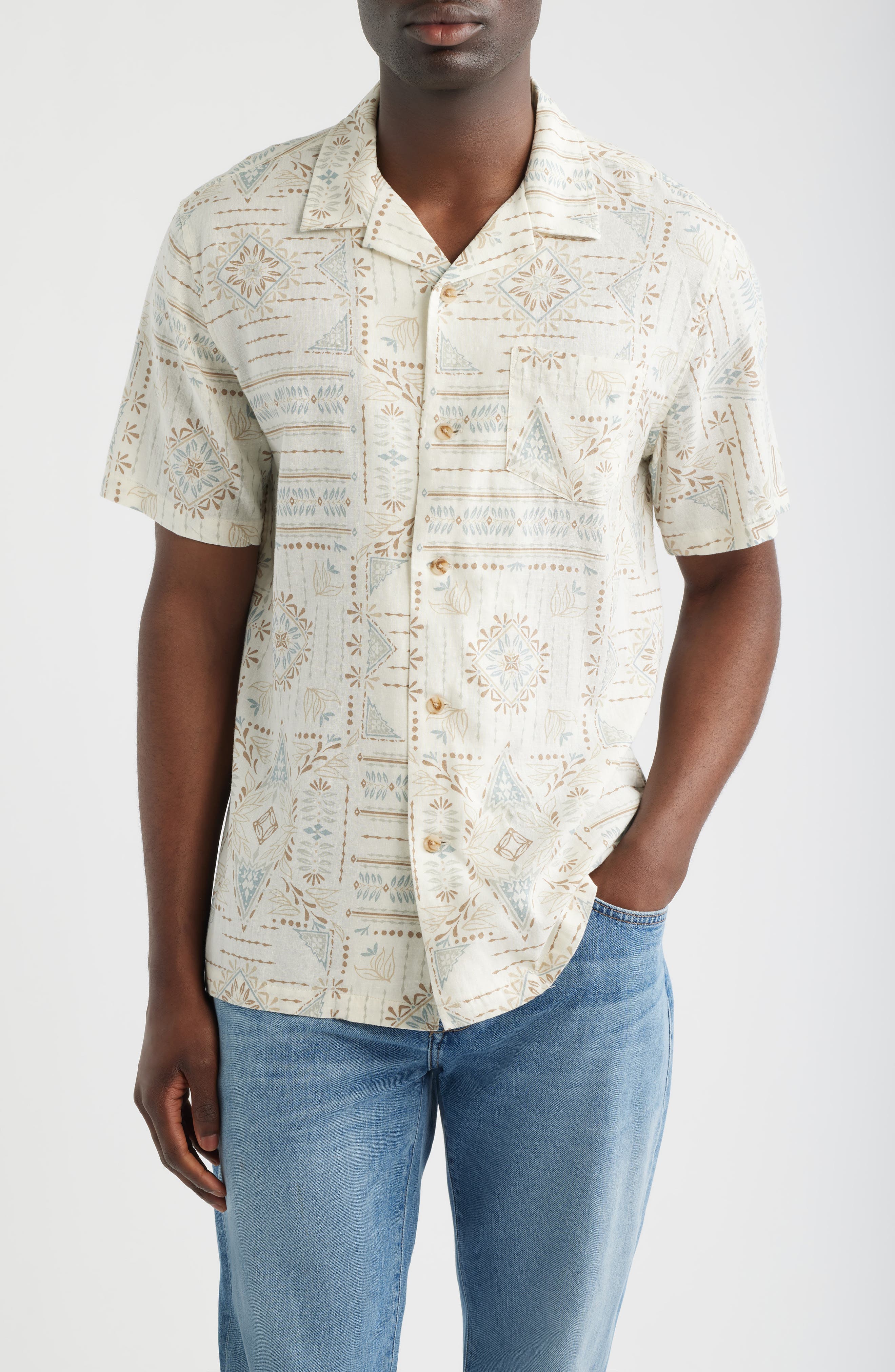 Geo Print Linen Blend Camp Shirt - image 1