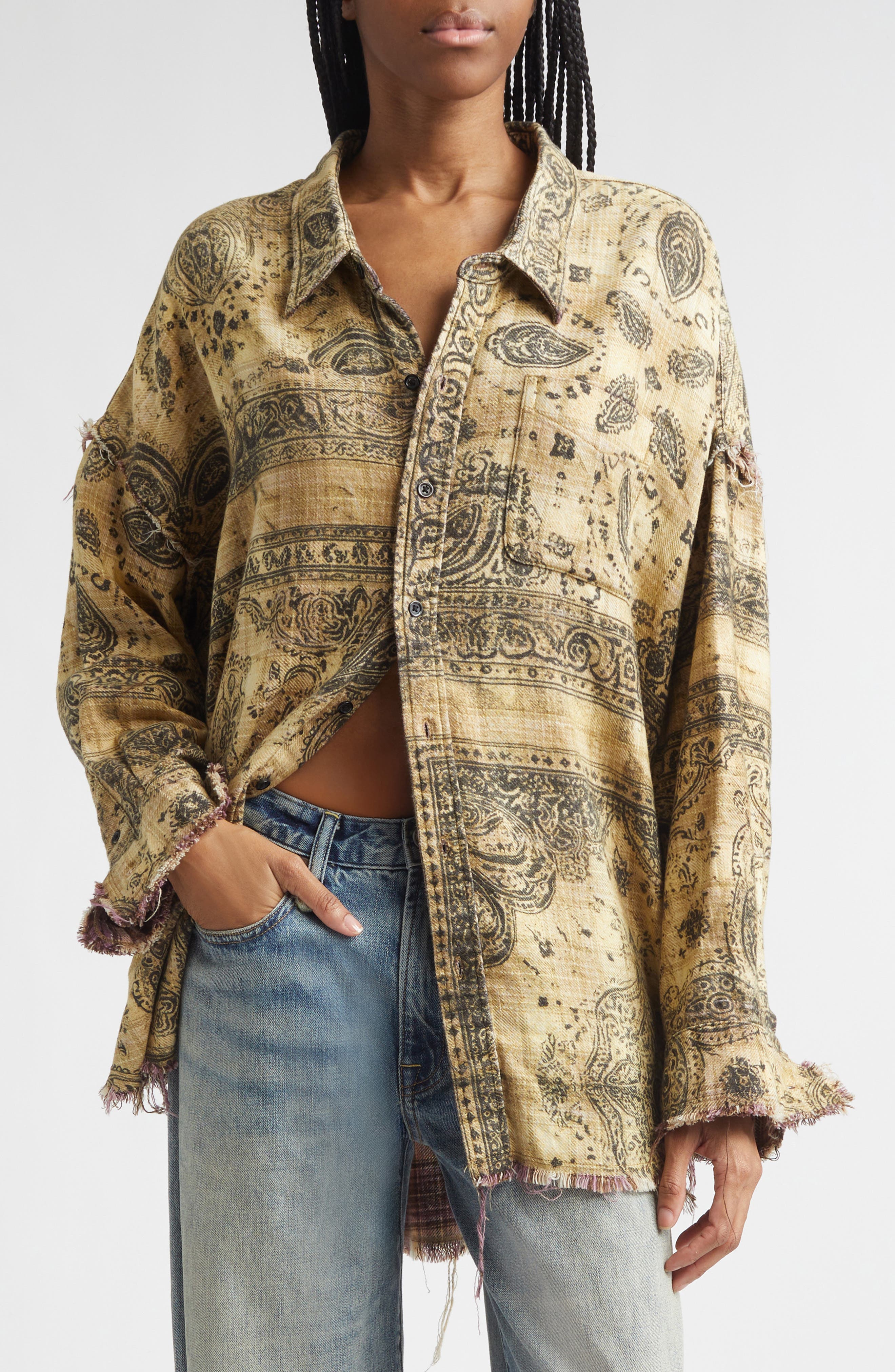Oversize Shredded Seam Drop Neck Button-Up Shirt - image 1