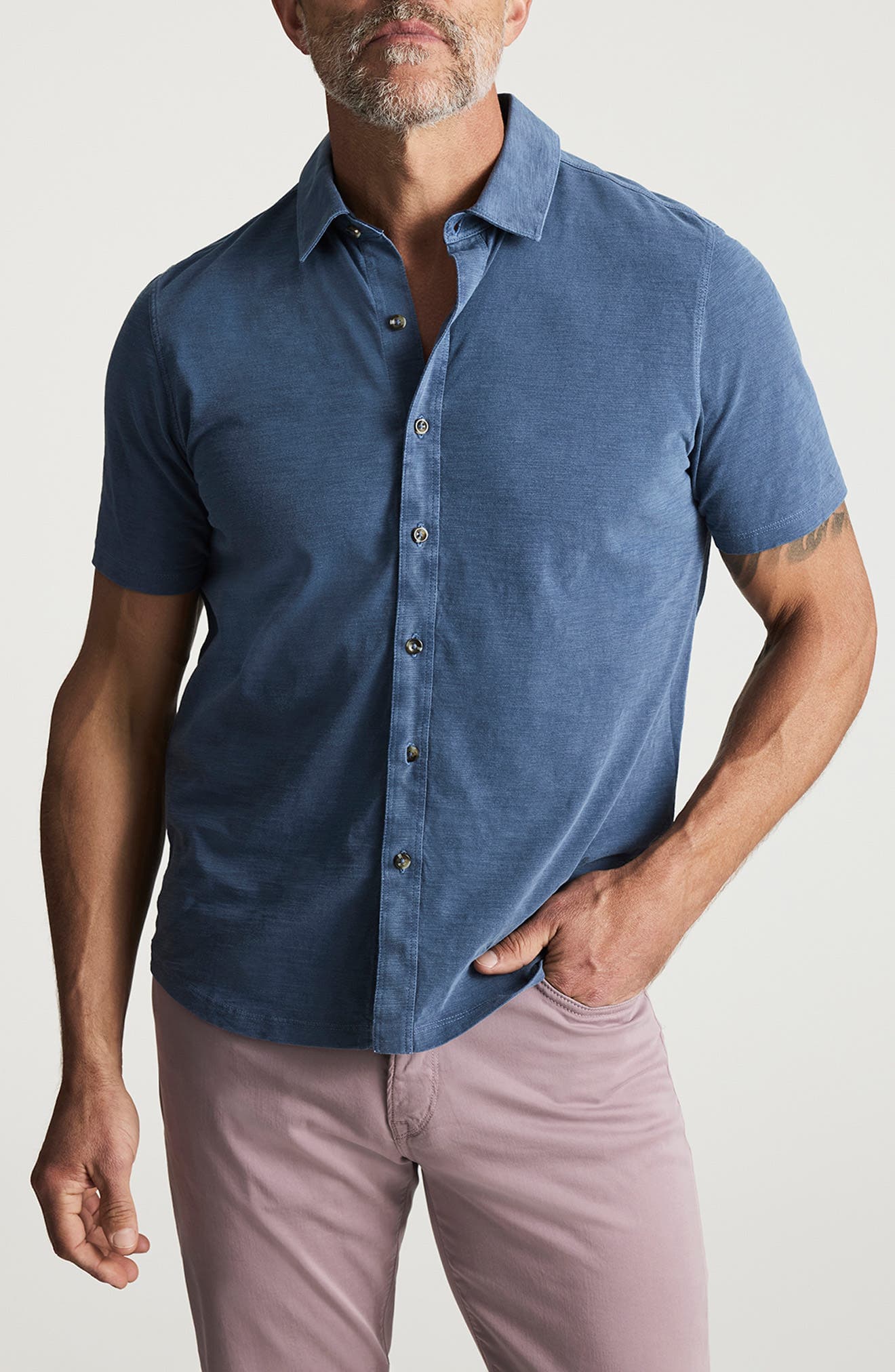 Short Sleeve Slub Cotton Jersey Button-Up Shirt - image 1